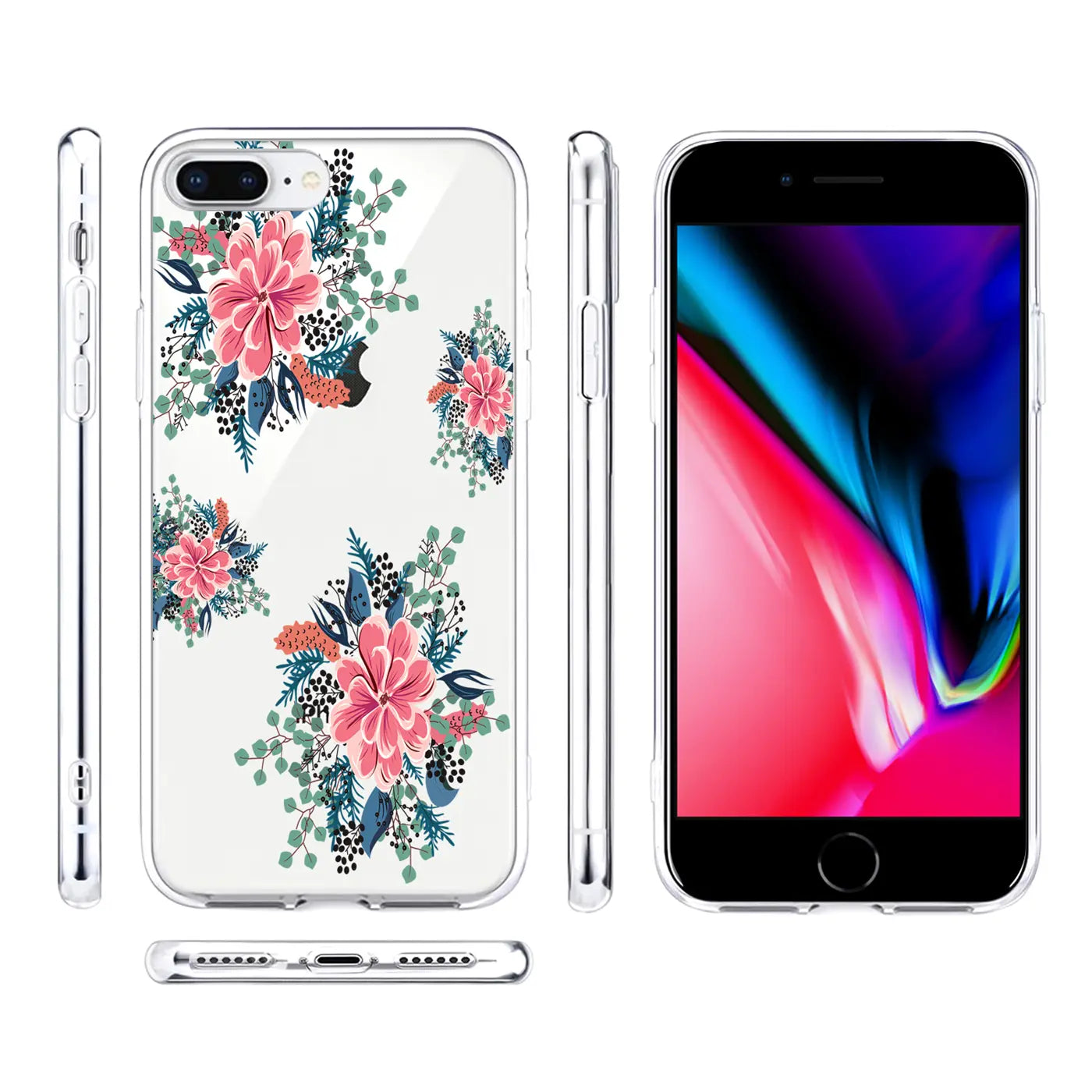 iPhone 7 Plus/8 Plus Hülle aus TPU mit Blumenmuster, Vorder-, Seiten- und Rückansicht.
