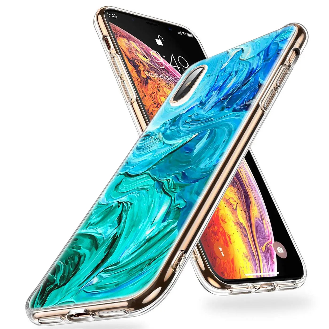 Zwei iPhone Xs Max in transparenten TPU-Hüllen mit farbigem Motivdruck, schräg von vorne auf weißem Hintergrund.