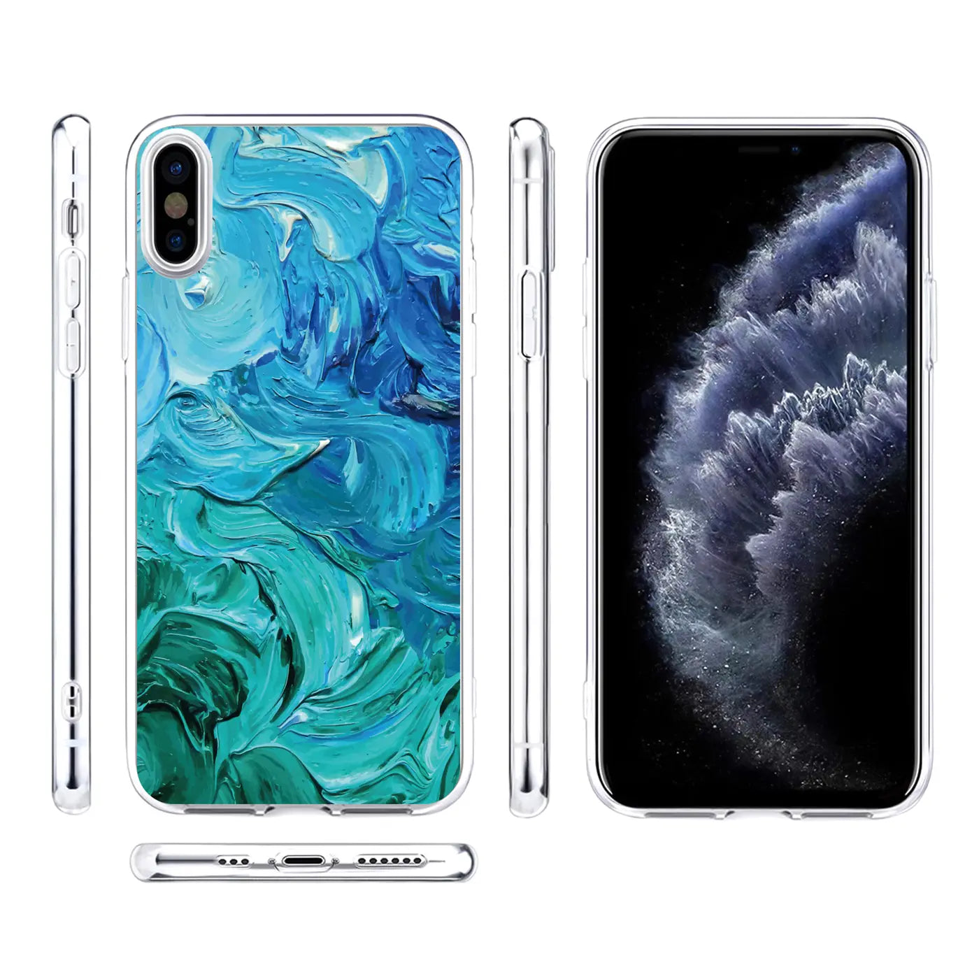 iPhone Xs Max TPU-Hülle, transparent, mit blau-türkisem, abstraktem Motivdruck, von allen Seiten gezeigt.