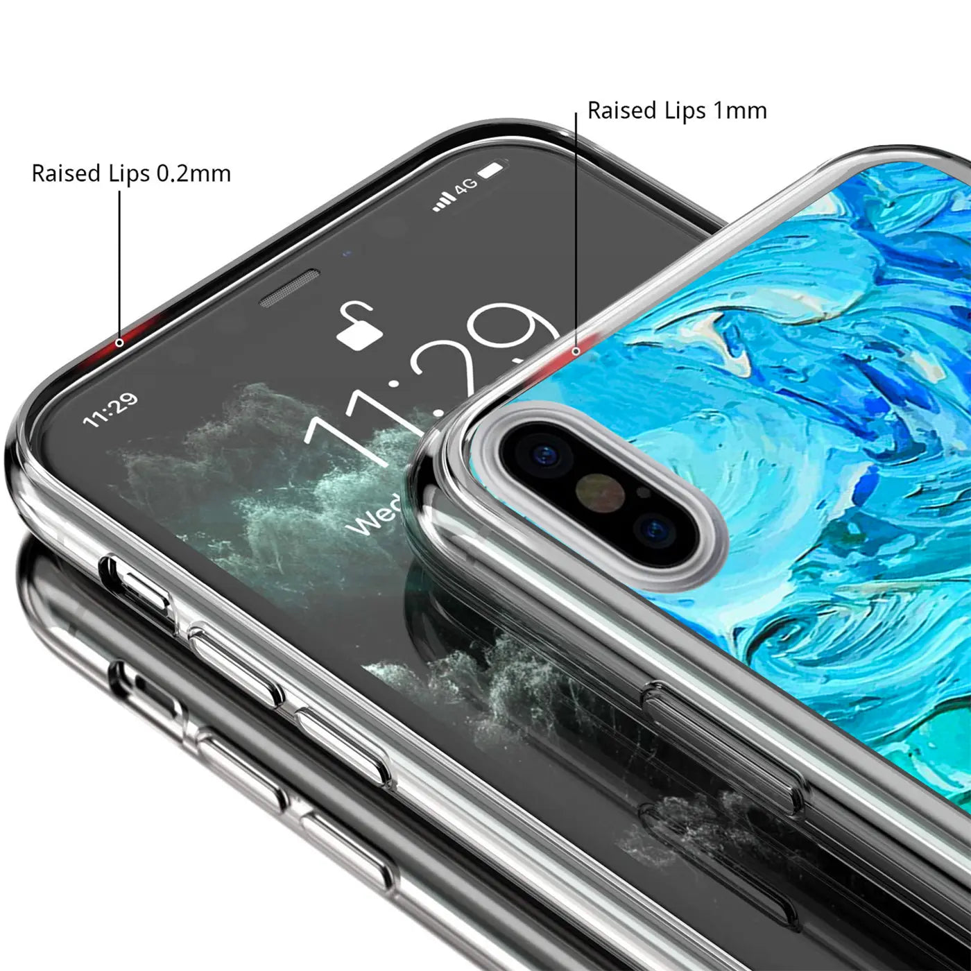 iPhone Xs Max mit transparenter TPU-Hülle und blauem Motivdruck, schräg von oben. Erhöhte Ränder sichtbar.