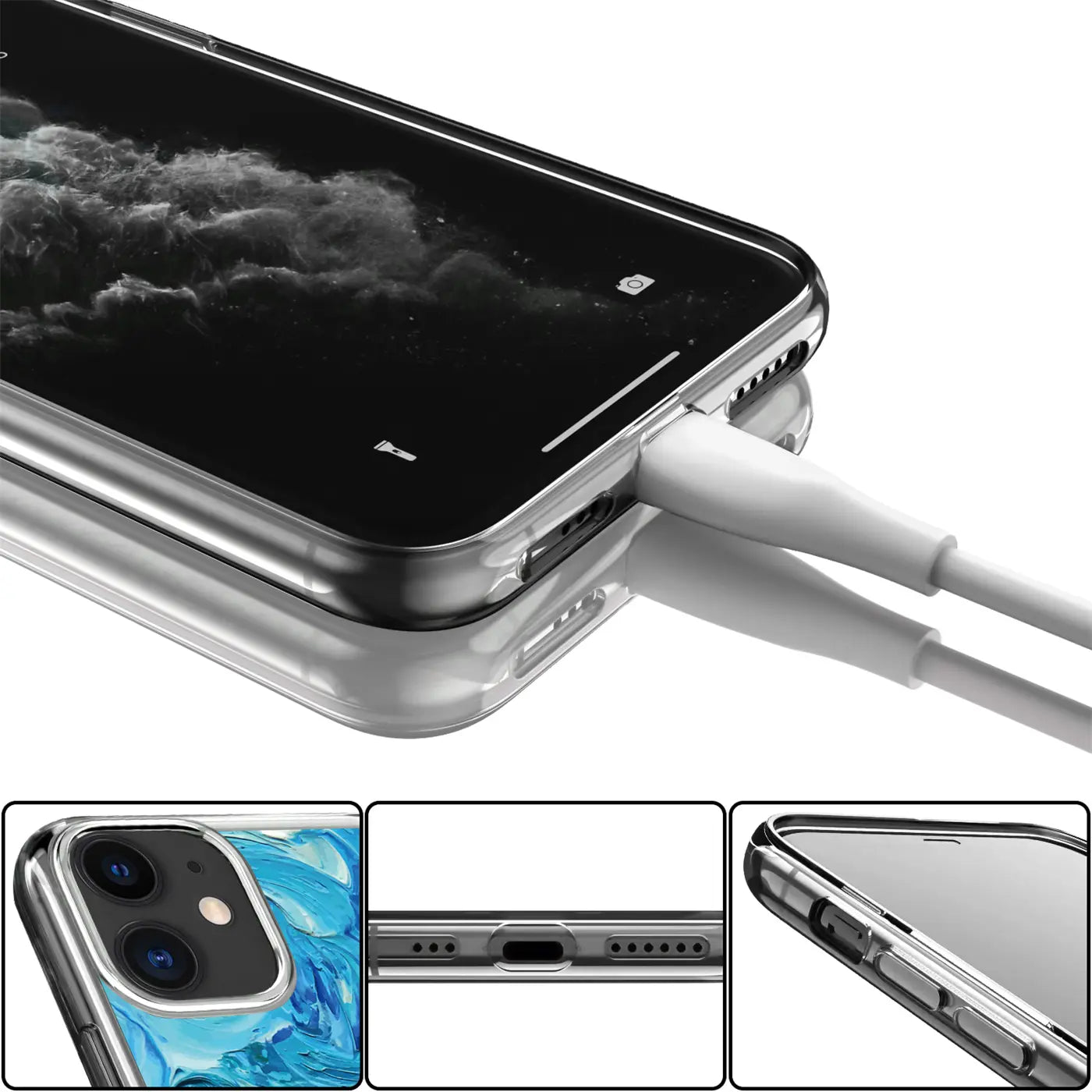 Transparentes TPU-Case für iPhone Xs Max, von oben rechts gesehen, mit weißem Ladekabel und Detailansichten.
