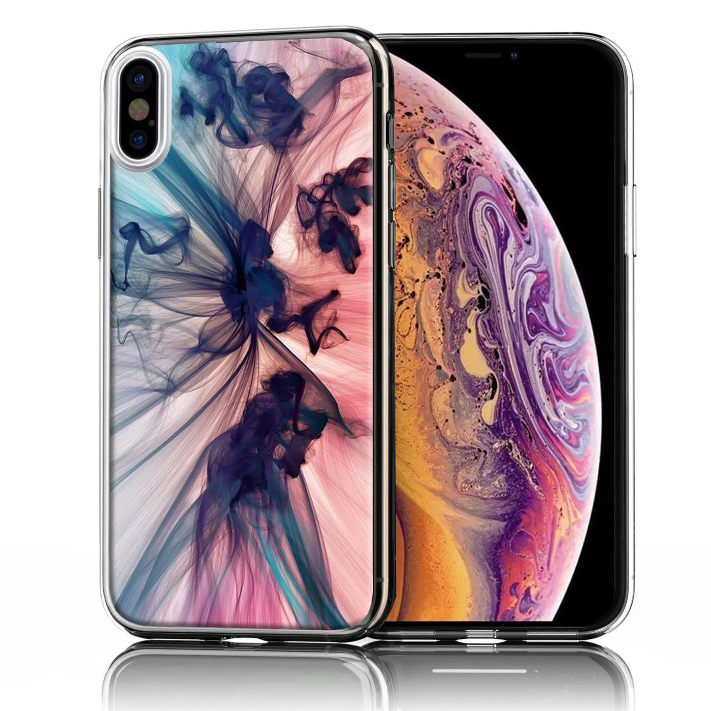 iPhone X/XS TPU-Hülle mit blau-pinkem Rauchmotiv, schräg von hinten links. Rechts daneben ein iPhone X/XS.