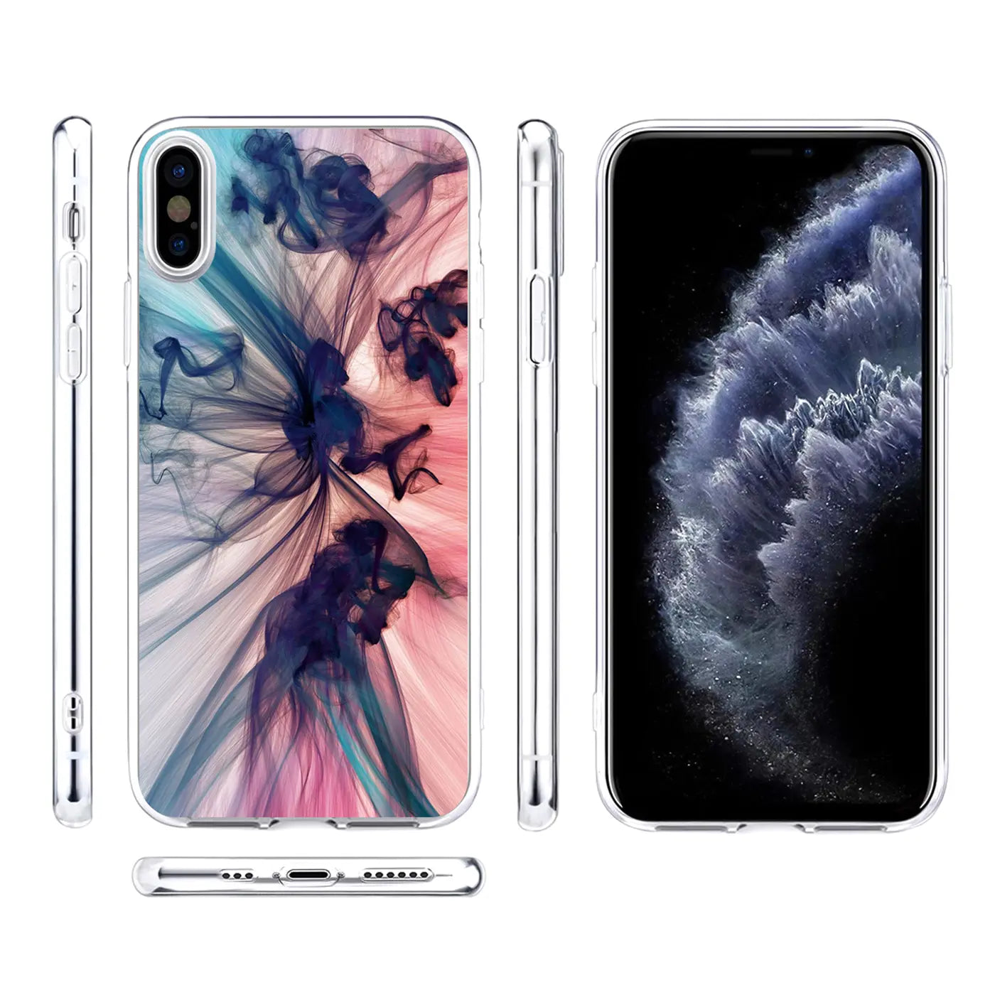 iPhone X/XS in transparenter TPU-Hülle mit blau-pinkem Rauchmotiv, von allen Seiten auf weißem Hintergrund.