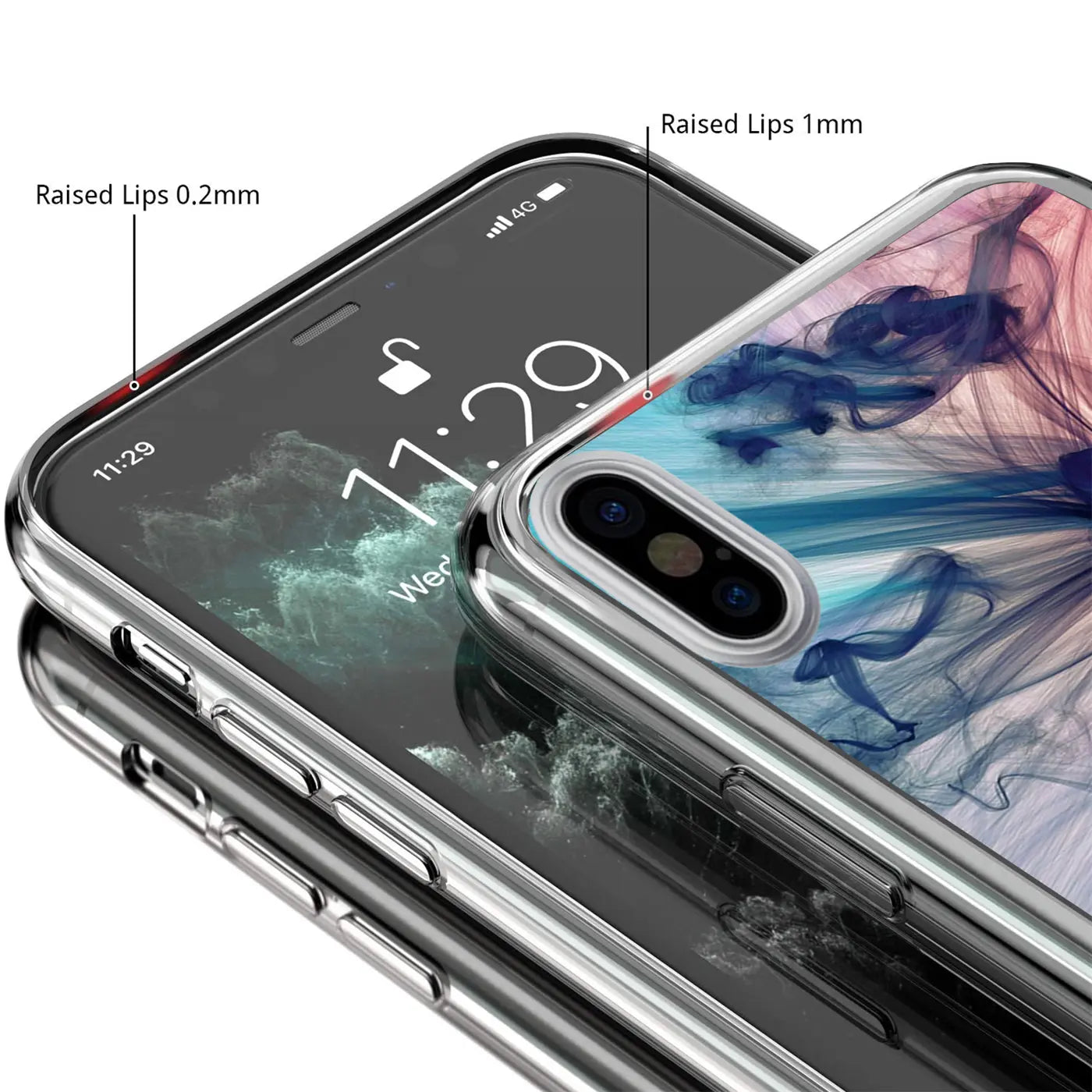 Transparentes TPU-Case mit blau-rosa Motivdruck auf einem iPhone X/XS, schräg von oben. Erhöhte Ränder sind markiert.
