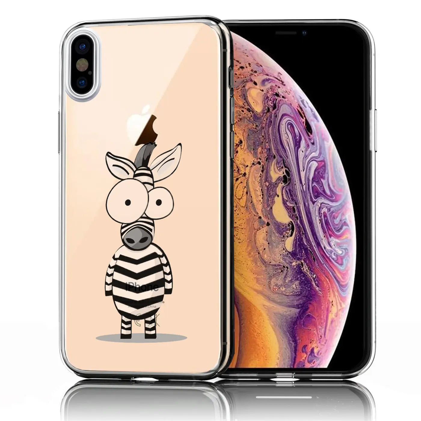 Transparentes TPU-Case für iPhone Xs Max, mit Zebra-Motiv auf der Rückseite, neben einem zweiten iPhone.