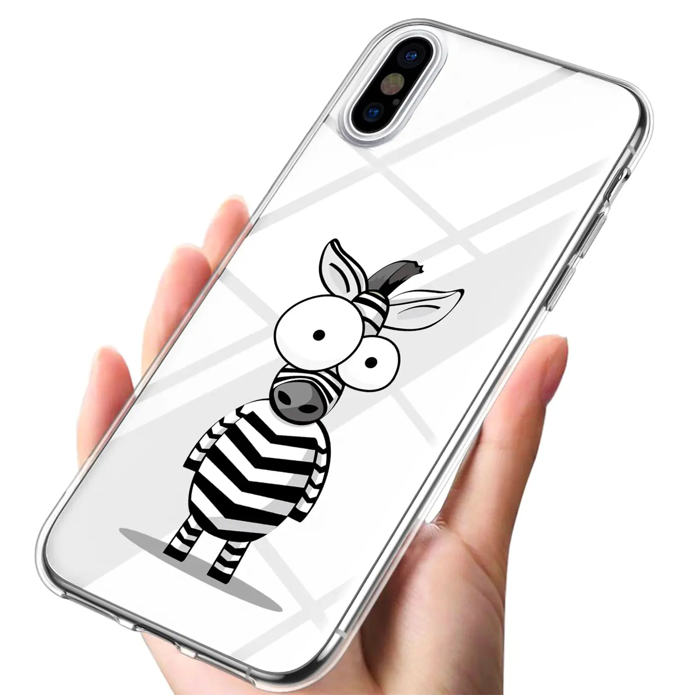 Hand hält transparente TPU-Hülle für iPhone Xs Max mit schwarz-weißem Zebrabild, schräg von vorne.