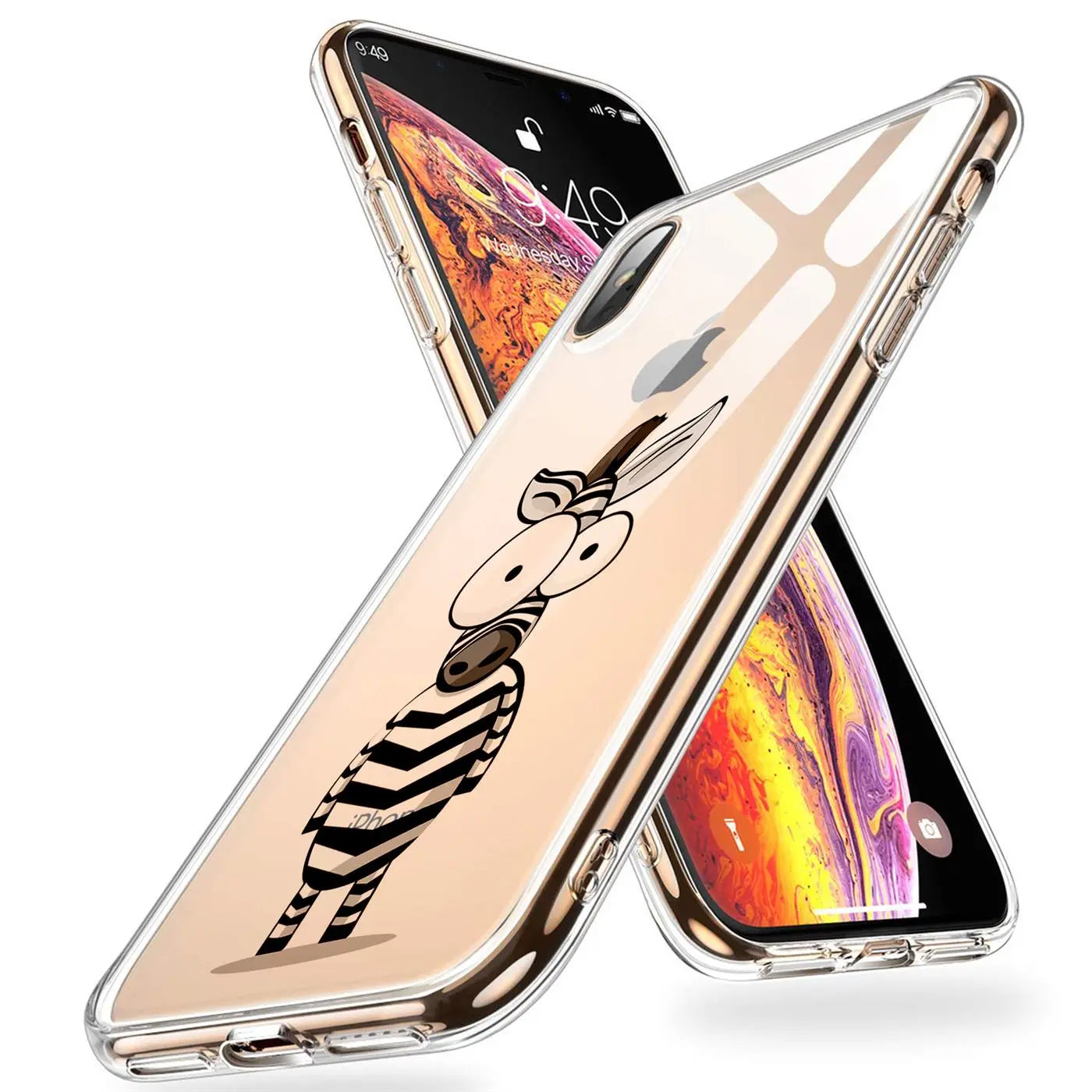 Transparente TPU-Hülle für iPhone Xs Max mit Zebrabild, schräg von vorne, ein zweites iPhone im Hintergrund.