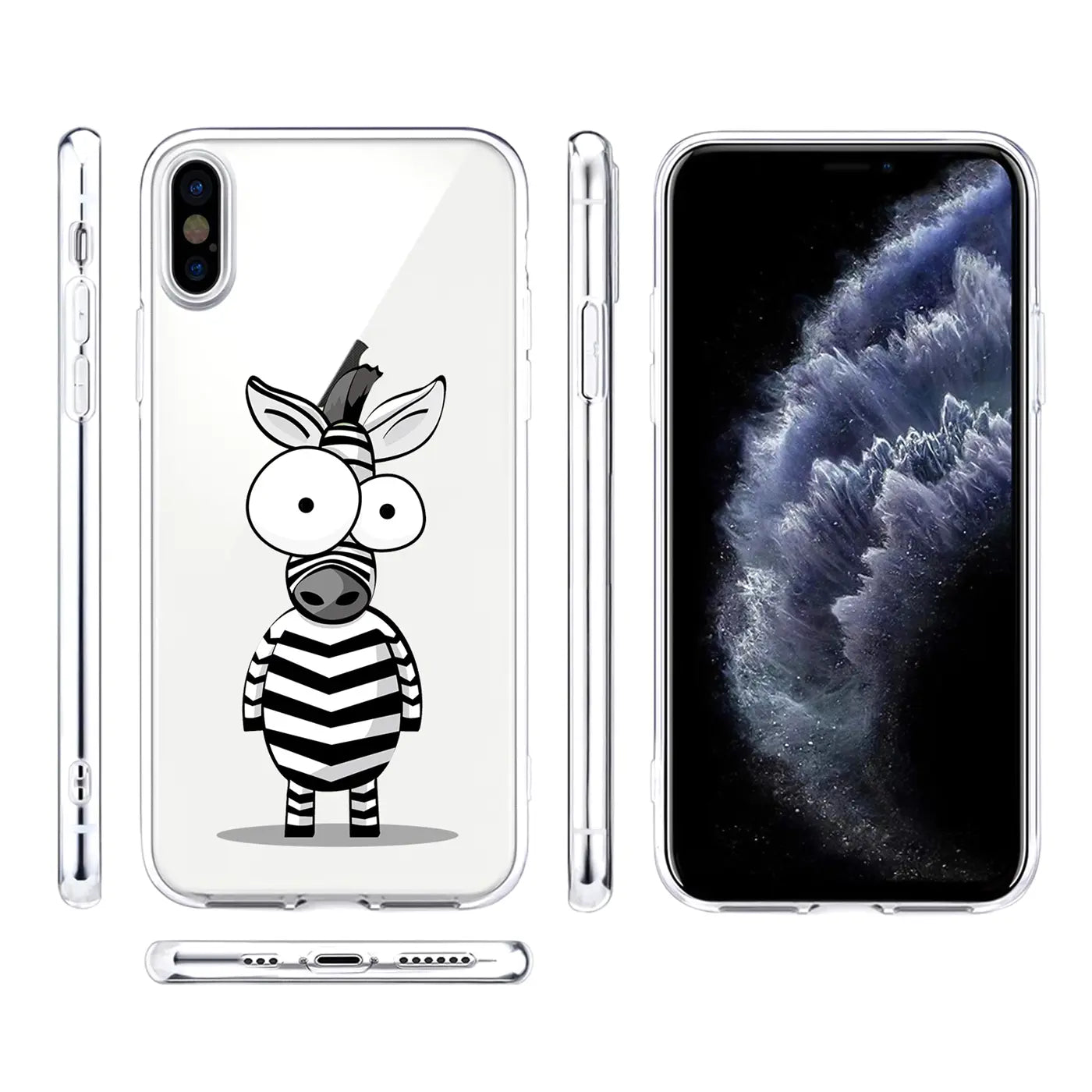 Transparente TPU-Hülle für iPhone Xs Max mit Zebrabild, Vorder-, Rück- und Seitenansichten, sowie Unterseite.