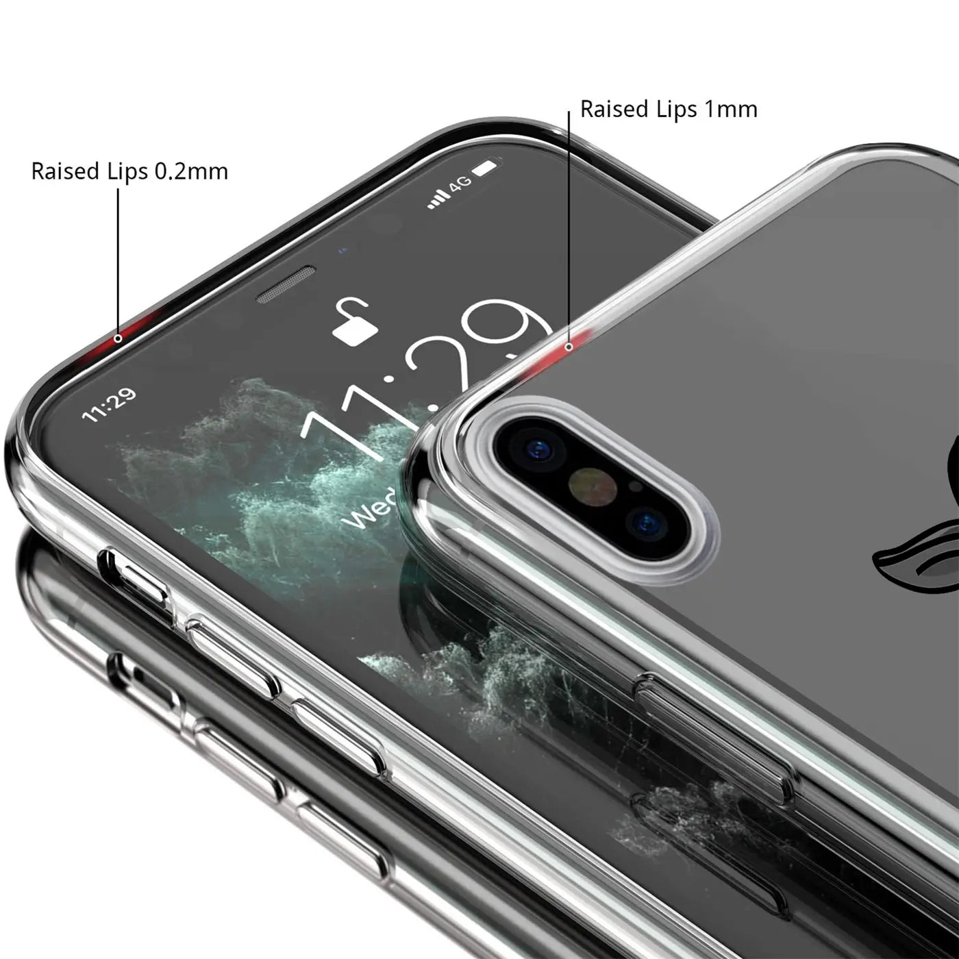 Transparentes TPU-Case für iPhone Xs Max, schräg von oben. Erhöhte Ränder schützen Display (0,2mm) und Kamera (1mm).