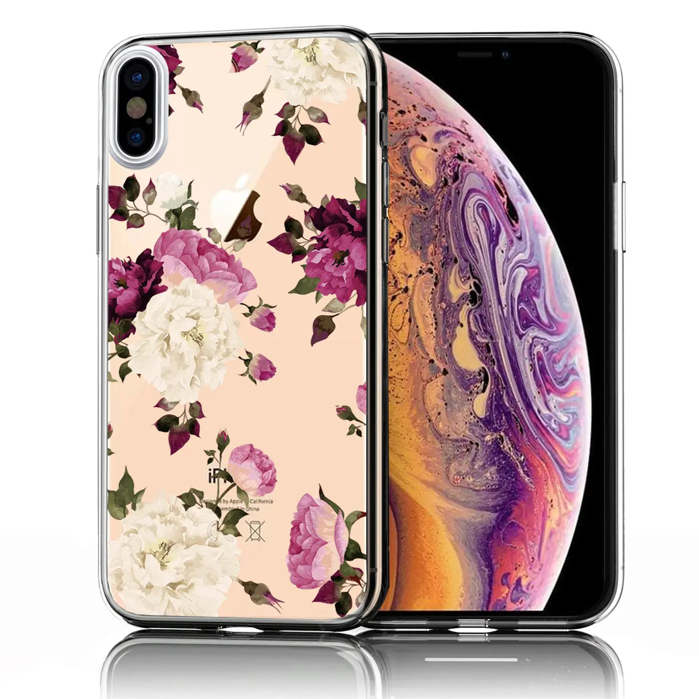 Transparente TPU-Hülle für iPhone X/XS mit rosa, lila und weißen Blumen auf beigem Hintergrund, schräg von hinten.