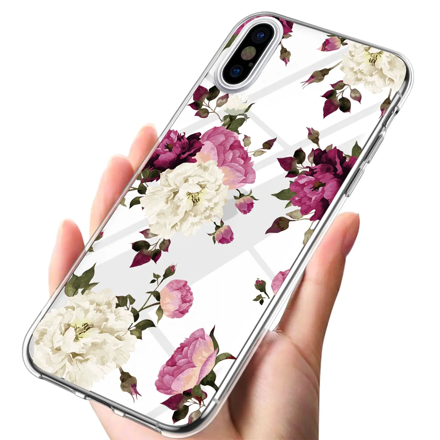 Hand hält transparente TPU-Hülle für iPhone X/XS mit rosa, lila und weißen Blumenmotiven, schräg von oben.