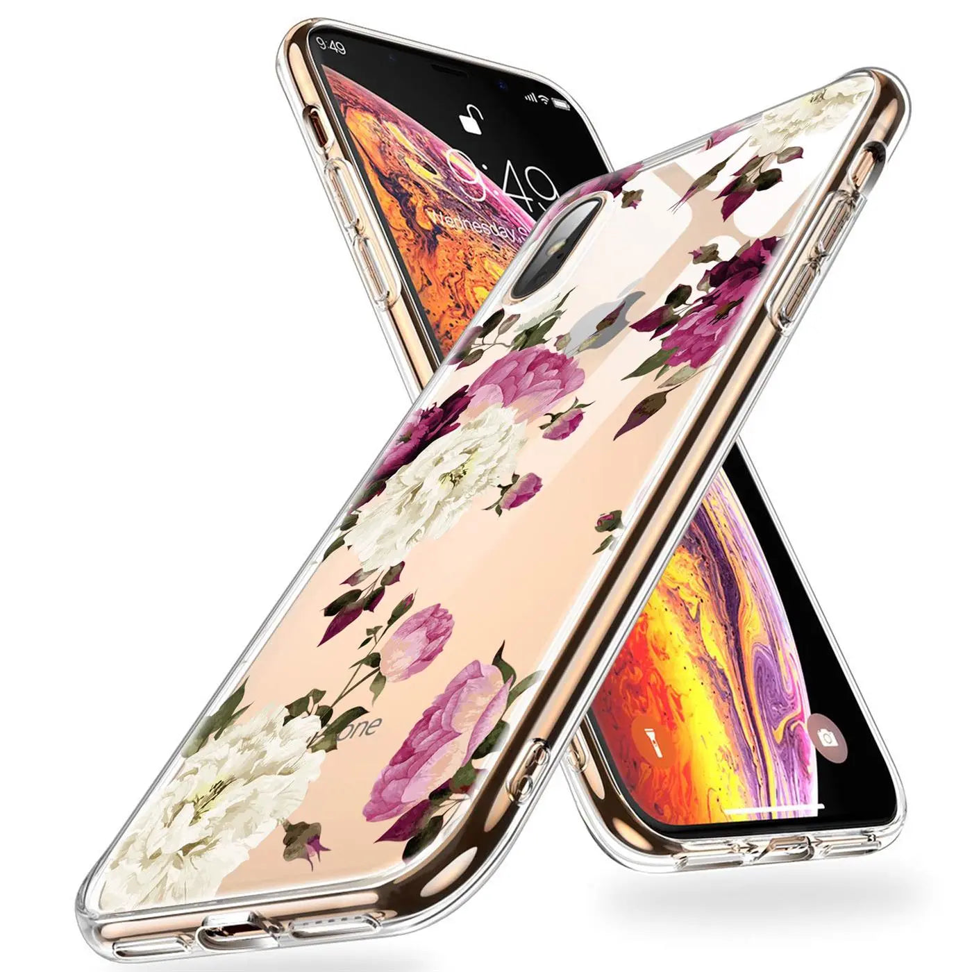 Transparente TPU Hülle für iPhone X/XS mit rosa/weißen Blumenmuster, schräg von vorne gezeigt.