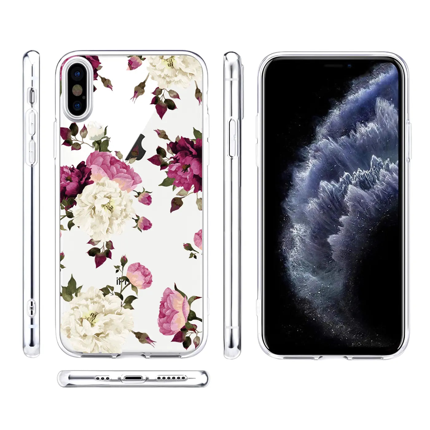 iPhone X/XS TPU-Hülle, transparent mit pink-weißen Blumenmuster, in Vorder-, Rück- und Seitenansicht.