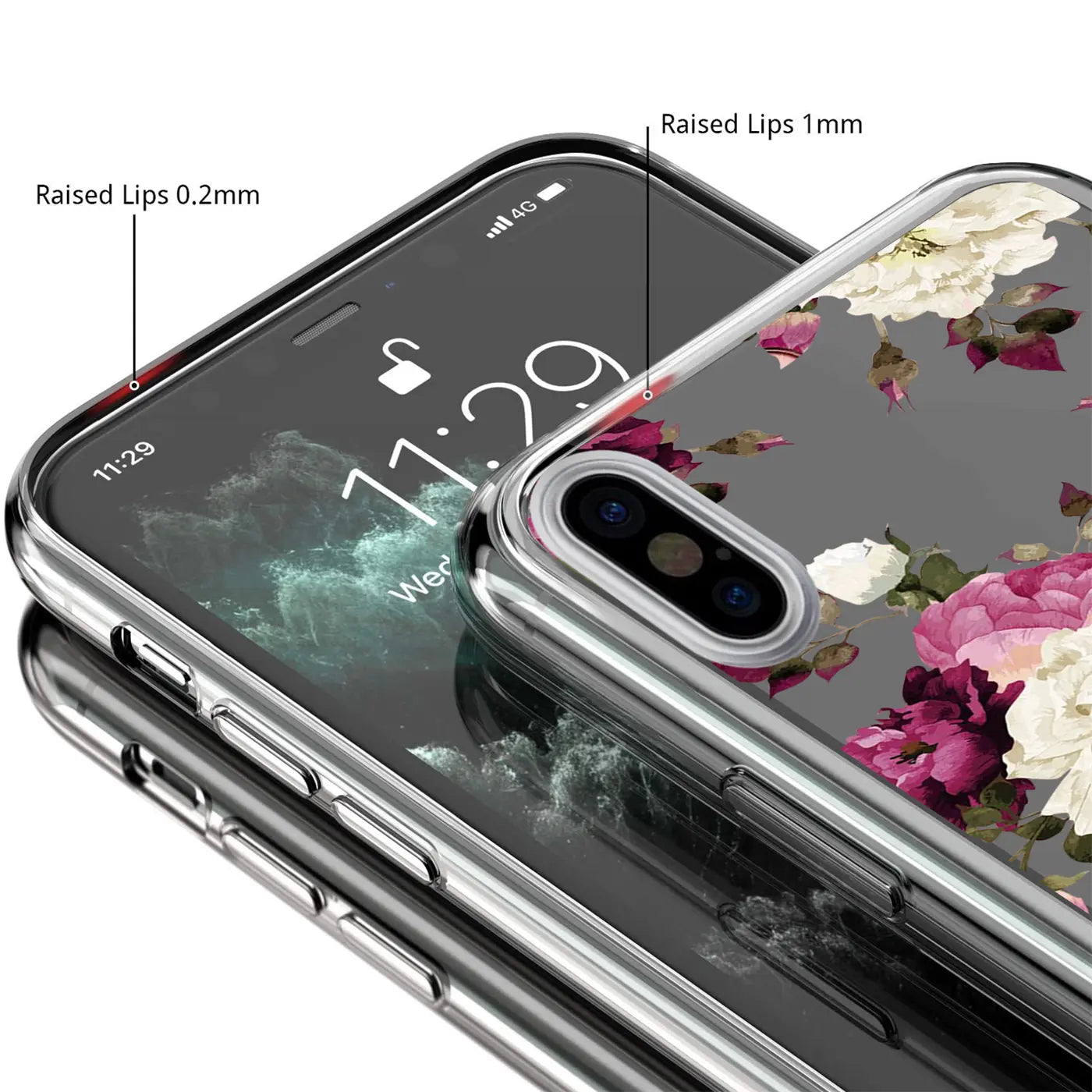 Nahaufnahme eines iPhone X/XS mit transparenter TPU-Hülle und floralem Motiv (pink/weiß), schräg von oben.