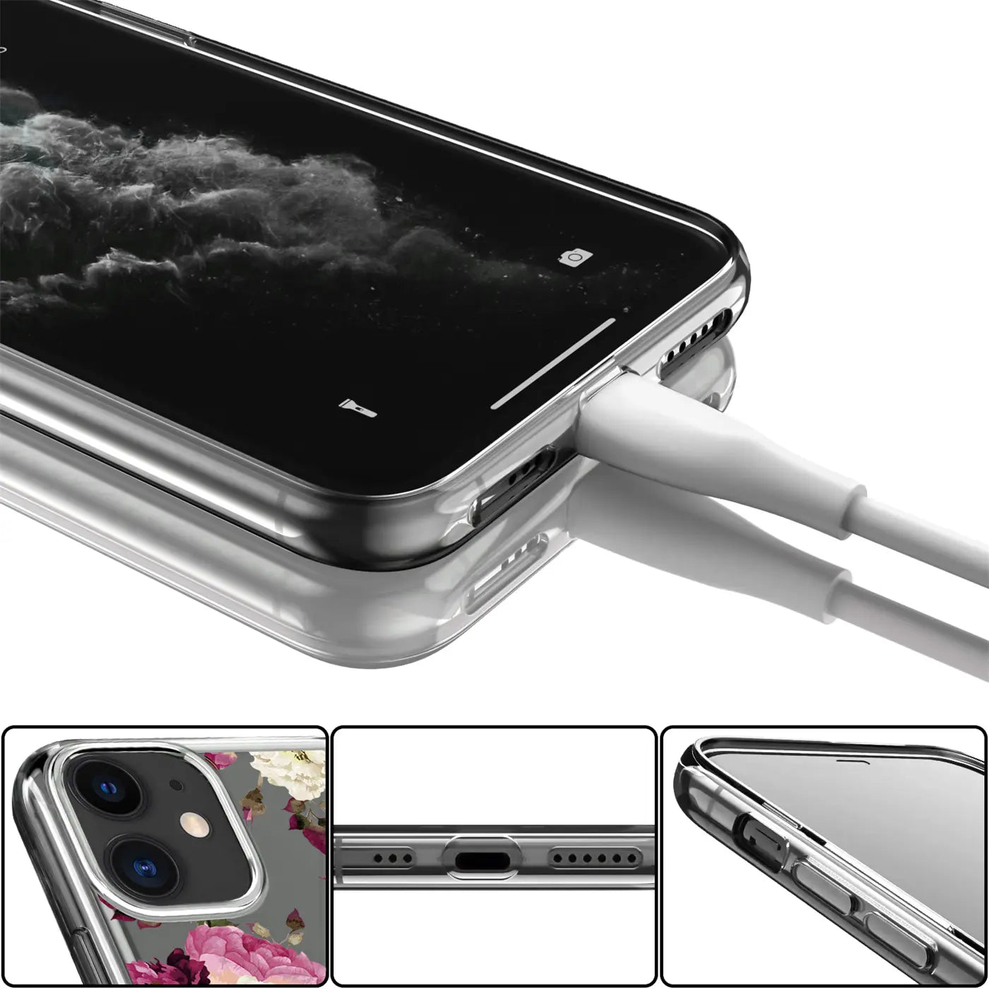 Transparentes TPU-Case mit Blumenmotiv für iPhone X/XS, von oben rechts, mit Ladekabel und Detailansichten.