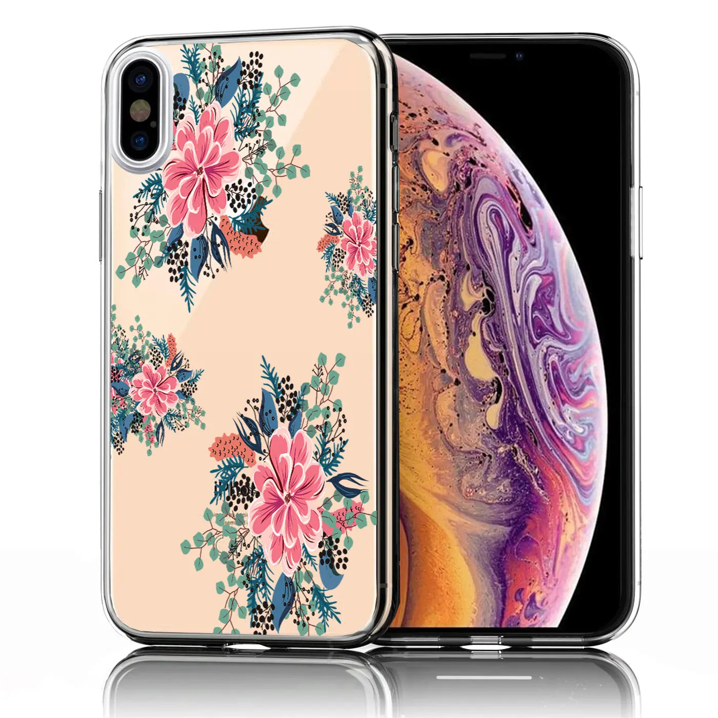 Transparente TPU-Hülle für iPhone X/XS mit floralem Muster in Rosa, Blau und Grün auf beigem Hintergrund, schräg von vorne.