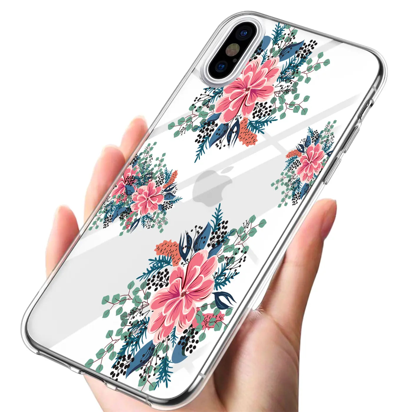 Hand hält transparente TPU-Hülle für iPhone X/XS mit rosa-grünem Blumenmuster, schräg von oben.