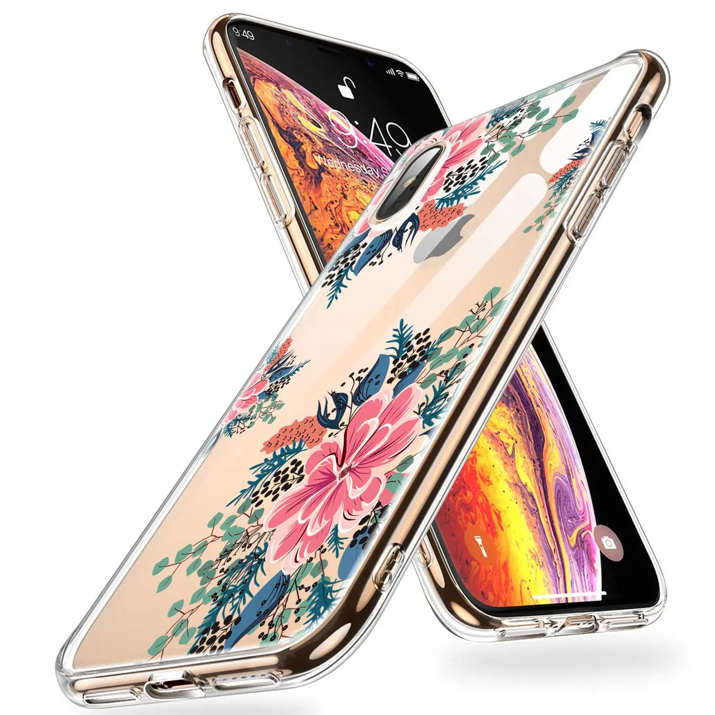 Zwei transparente TPU-Hüllen für iPhone X/XS, eine mit pink-blauem Blumenmuster, schräg von oben.