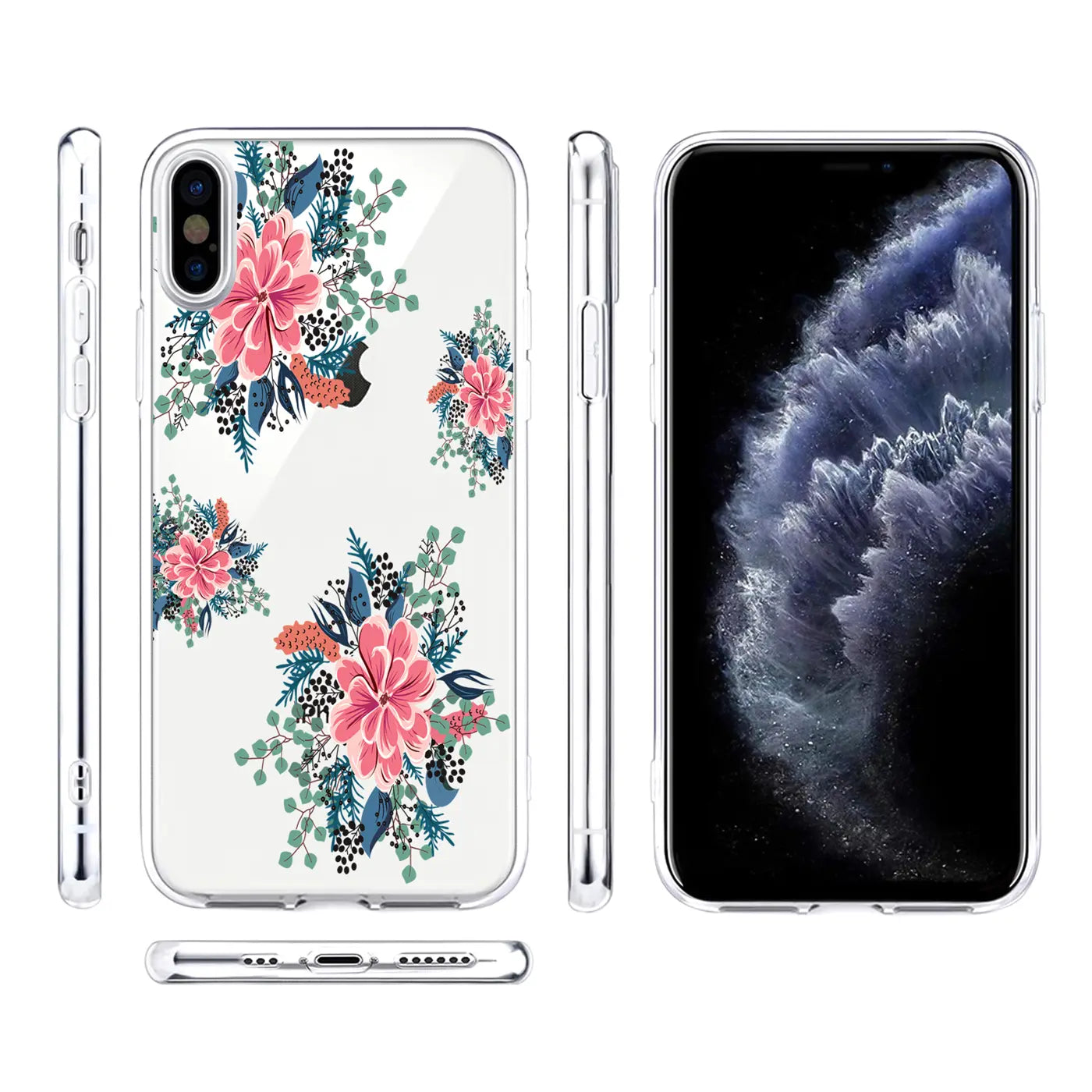 Transparente TPU-Hülle für iPhone Xs Max mit pinken Blüten und grünen Blättern, von allen Seiten gezeigt.