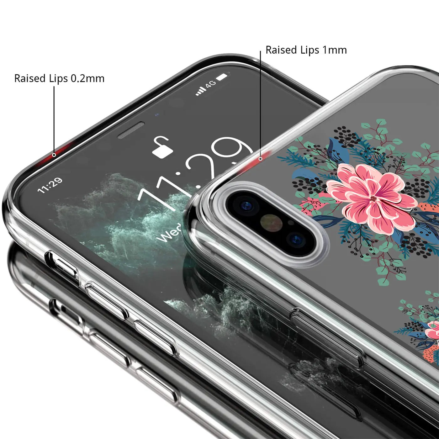 Transparente TPU-Hülle für iPhone X/XS mit floralem Motiv, Nahaufnahme von oben. Erhöhte Ränder um Display & Kamera.