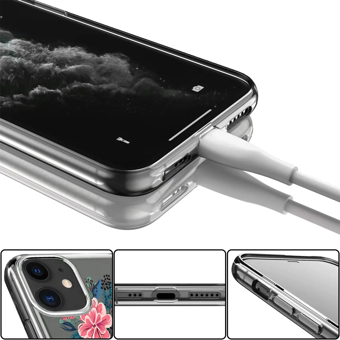 iPhone Xs Max in transparenter TPU-Hülle mit Blumenmotiv, von der Seite, Ladekabel eingesteckt.