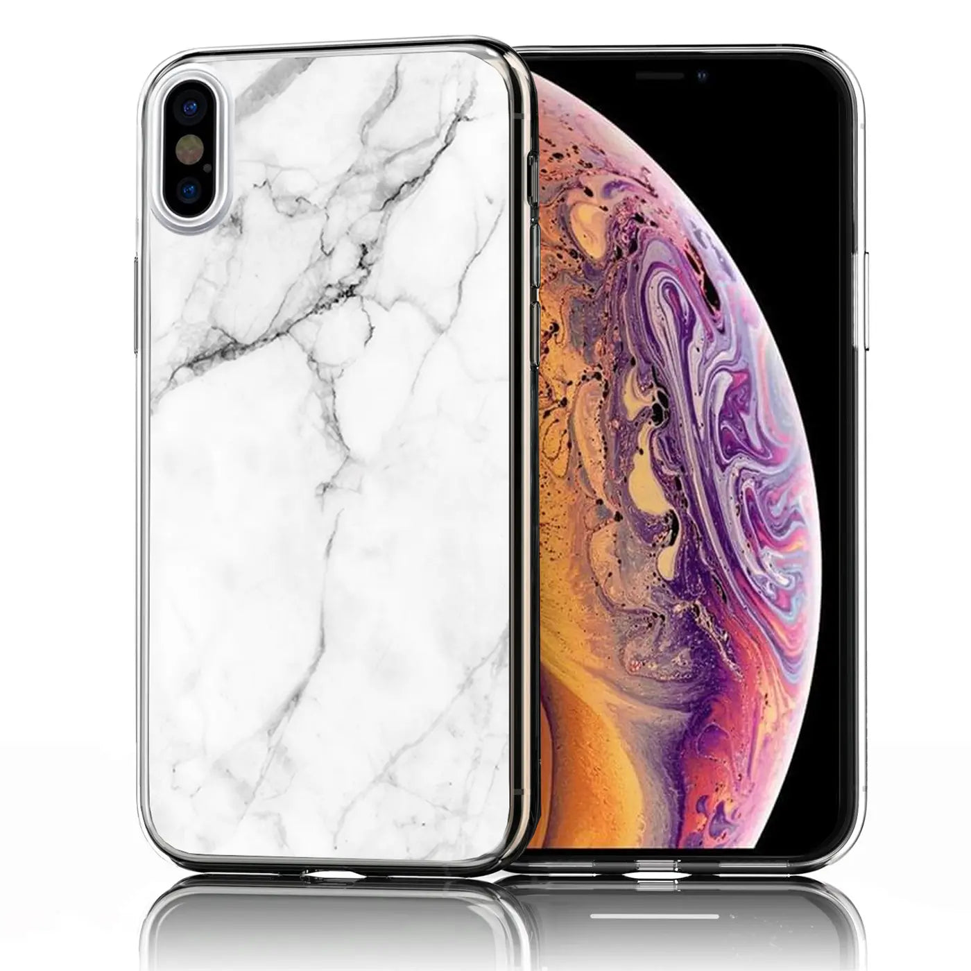 iPhone X/XS in transparenter TPU-Hülle mit weißem Marmor-Motiv, schräg von hinten links auf weißem Hintergrund.