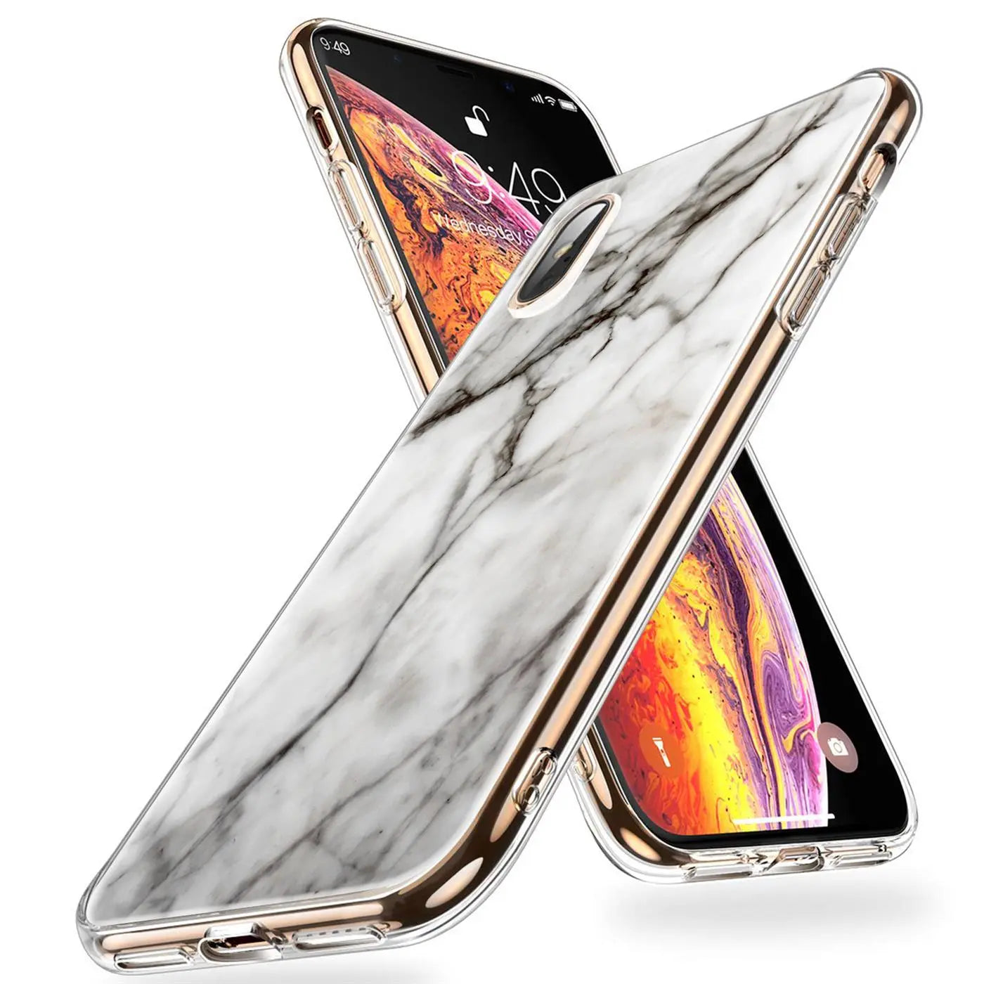iPhone X/XS TPU-Hülle mit weißem Marmor-Motiv und goldenen Rändern, schräg von vorne auf weißem Hintergrund.