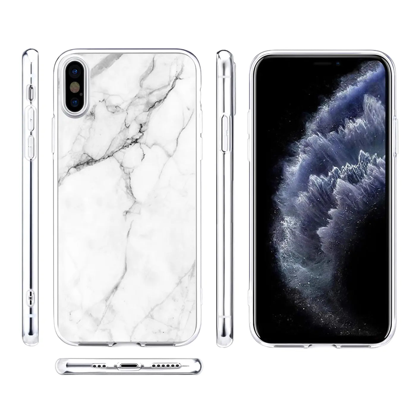 iPhone X/XS TPU-Hülle mit weißem Marmor-Motivdruck, von hinten, vorne, oben und beiden Seiten gezeigt.