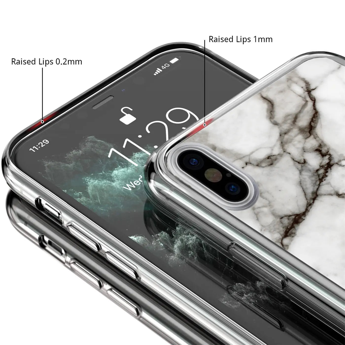 iPhone X/XS in transparenter TPU-Hülle mit weißem Marmormuster, Nahaufnahme von oben.