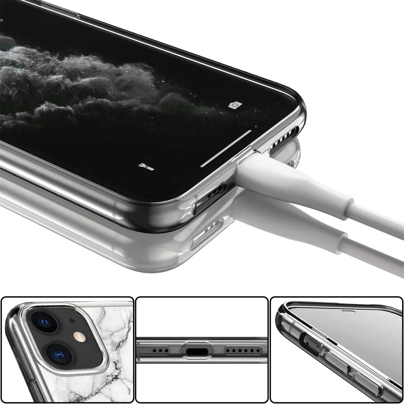 iPhone X/XS in transparenter TPU-Hülle mit Marmor-Motiv, von oben/Seite, Ladekabel eingesteckt.