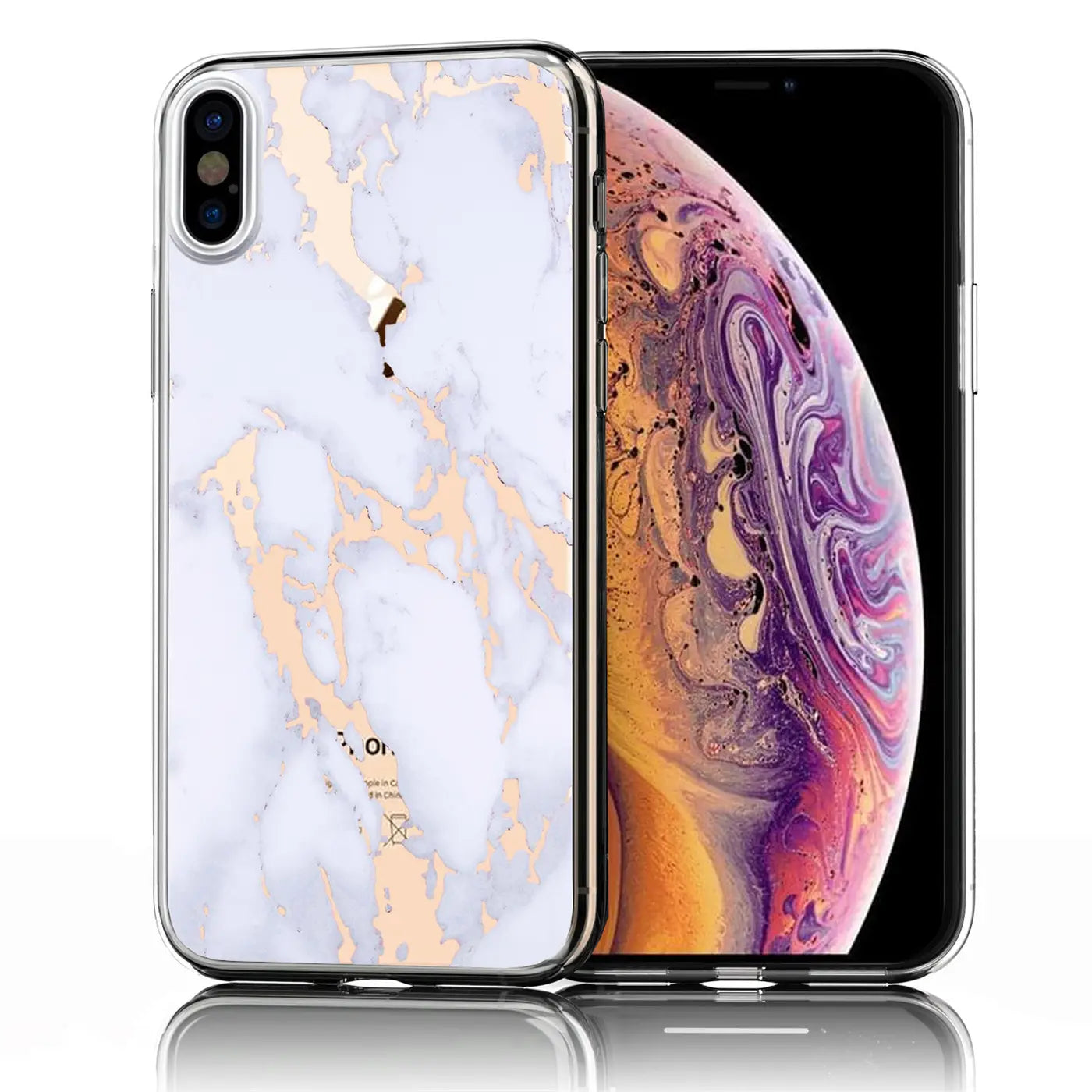 iPhone Xs Max mit transparenter TPU-Hülle, Rückseite weiß-gold marmoriert, von schräg vorne rechts.