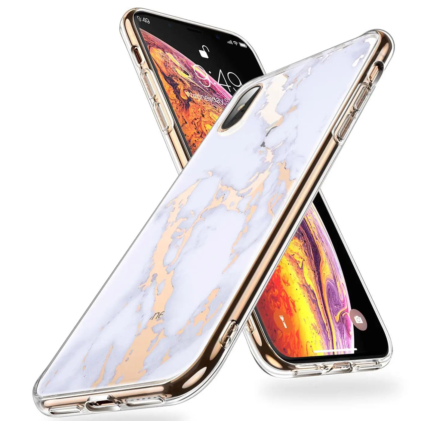 TPU Hülle für iPhone Xs Max, weiß-gold marmoriert, mit transparenten Rändern und goldenem Rahmen, schräg von vorne.
