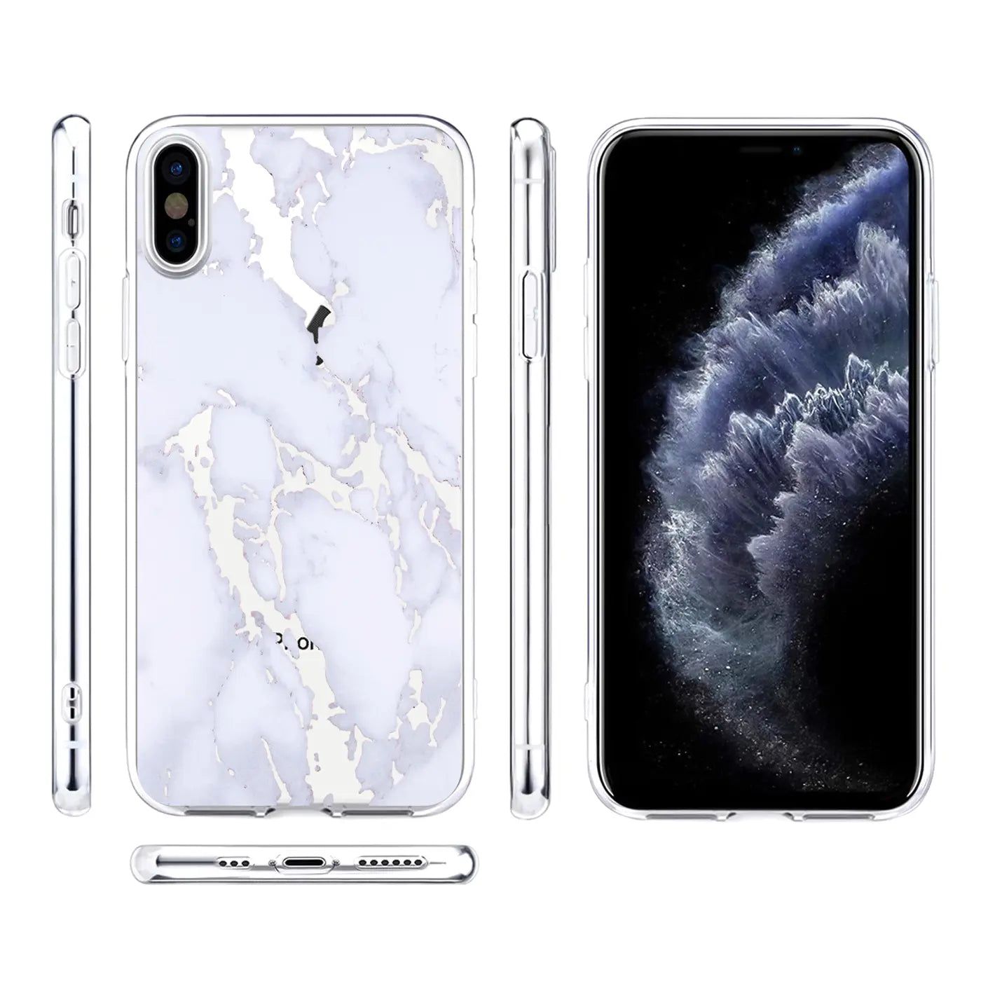 TPU Hülle für iPhone Xs Max mit weißem Marmormuster und silbernen Akzenten, in verschiedenen Ansichten gezeigt.