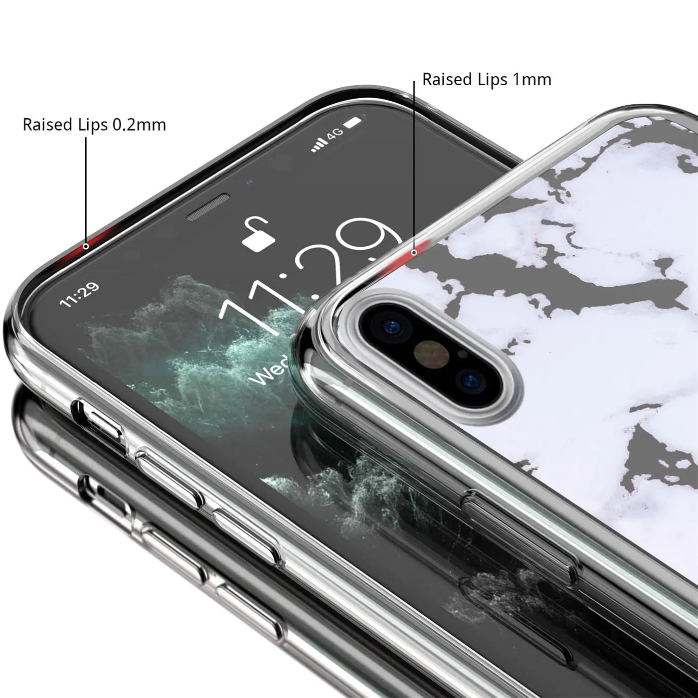iPhone Xs Max in transparenter TPU-Hülle mit weiß-grauem Marmormuster, schräg von oben. Erhöhte Ränder 0.2mm und 1mm.