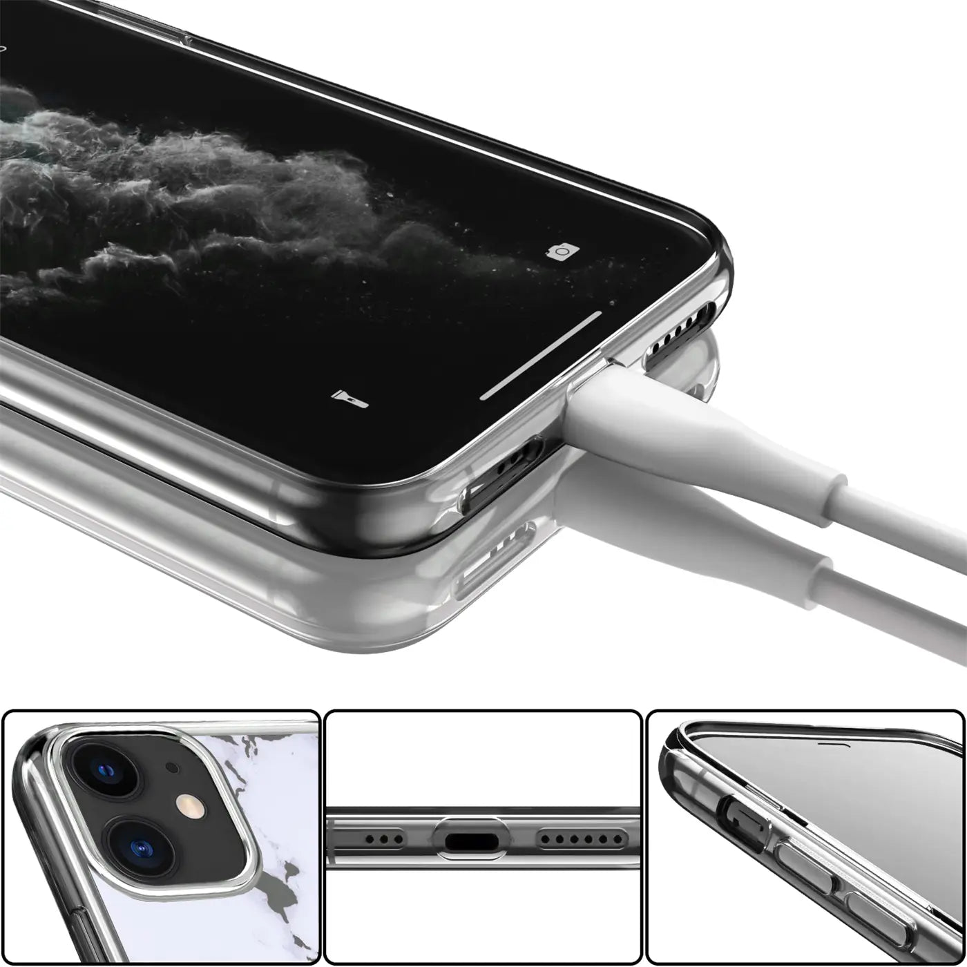 iPhone Xs Max in transparenter TPU-Hülle mit Marmor-Motiv, von oben und unten, Ladekabel eingesteckt.