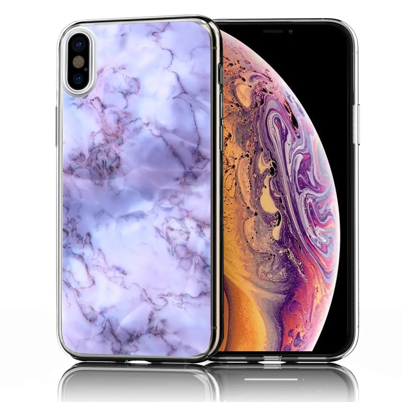 iPhone X/XS in transparenter TPU-Hülle mit lila-weißem Marmor-Motivdruck, leicht schräg von vorne/hinten.