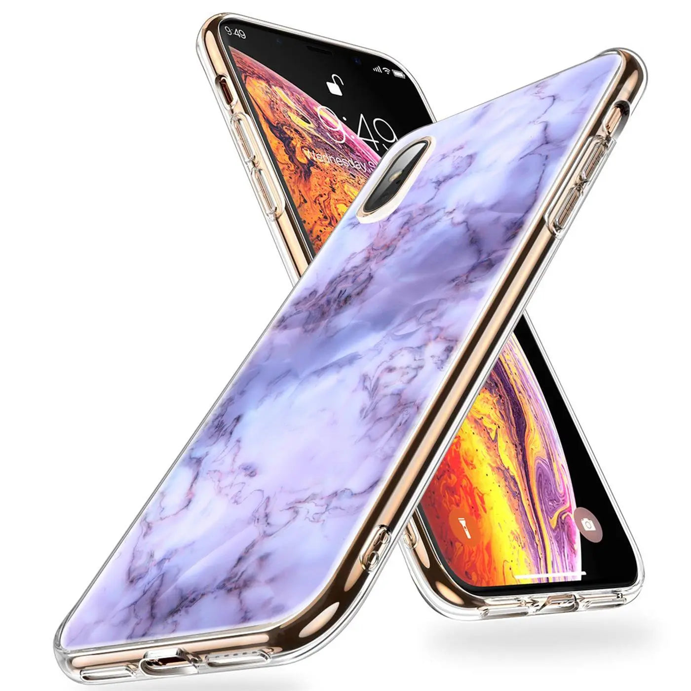 iPhone X/XS TPU-Hülle, lila Marmor-Motiv, goldene Ränder, schräg von oben.