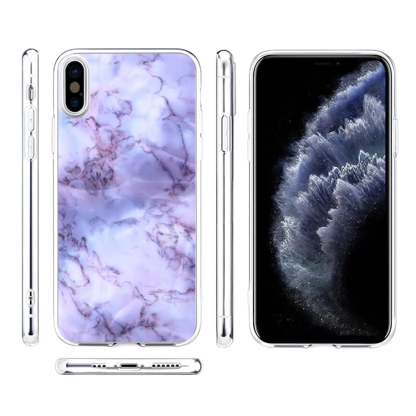 iPhone X/XS TPU-Hülle mit lila Marmor-Motivdruck, von hinten, vorne und den Seiten gezeigt.