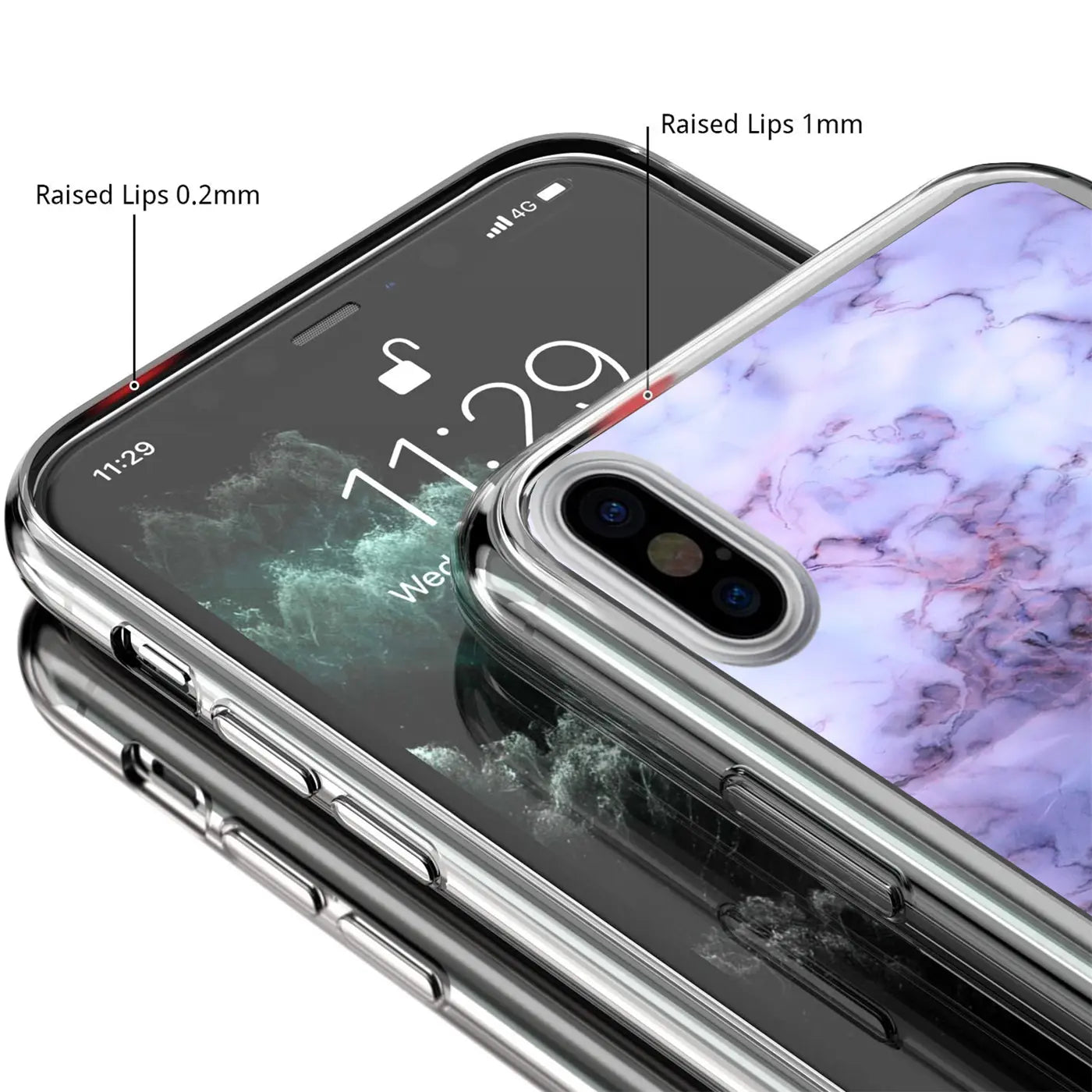 Nahaufnahme eines iPhone X/XS mit transparenter TPU-Hülle und lila-weißem Marmormuster, schräg von oben.