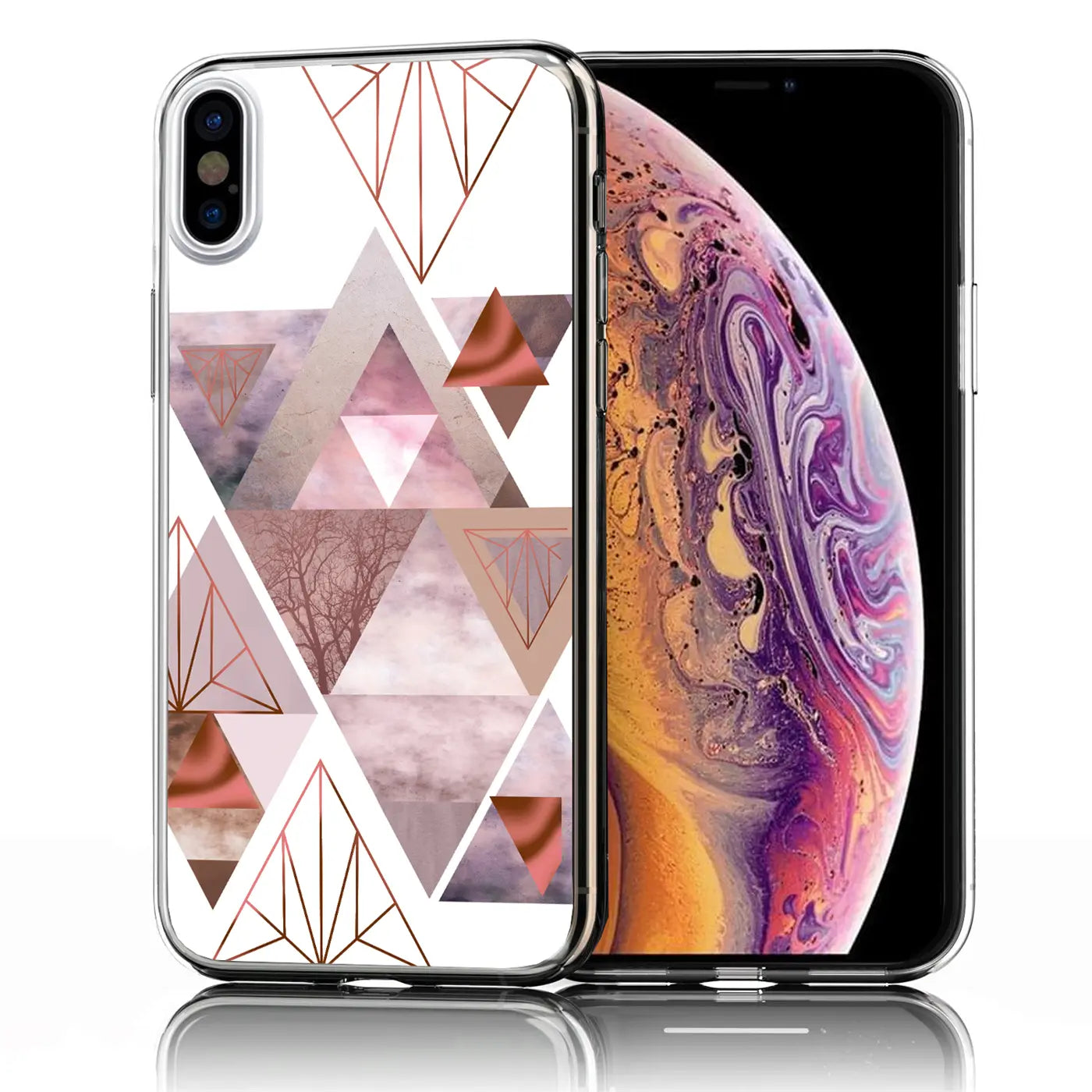Transparentes TPU iPhone X/XS Case mit roségold-farbenem Geometrie-Muster, schräg von vorne links.
