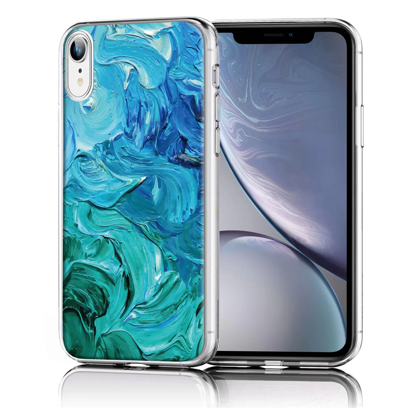 iPhone XR Hülle aus transparentem TPU mit blau-grünem Farbauftrag-Motiv, Vorderansicht