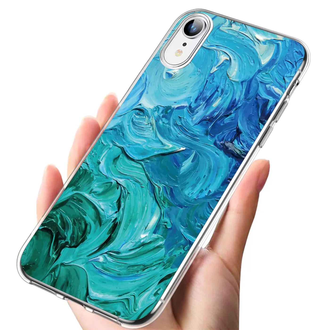 iPhone XR Hülle aus transparentem TPU mit blau-grünem Farbverlauf-Motiv, von oben schräg gehalten.