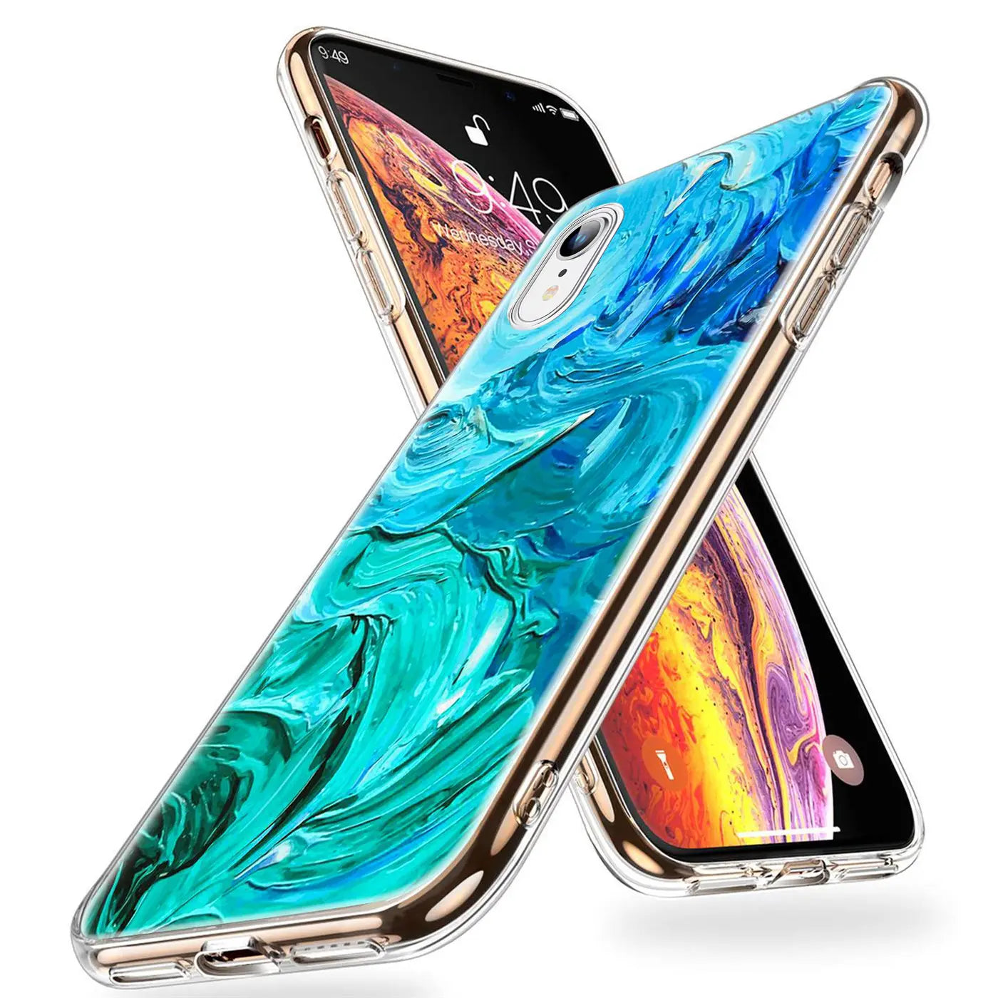 iPhone XR Hülle aus transparentem TPU mit abstraktem Motiv, von vorne schräg