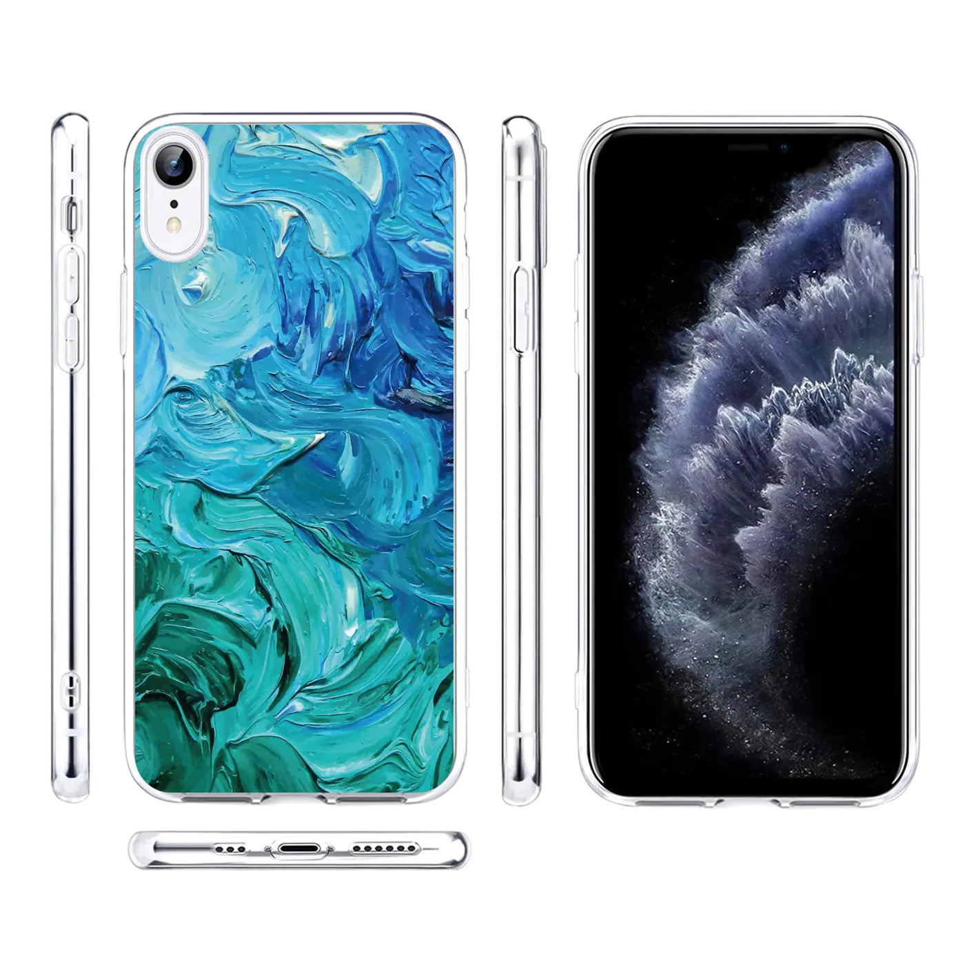 iPhone XR Hülle, TPU, blaue/grüne Farbverläufe, verschiedene Ansichten