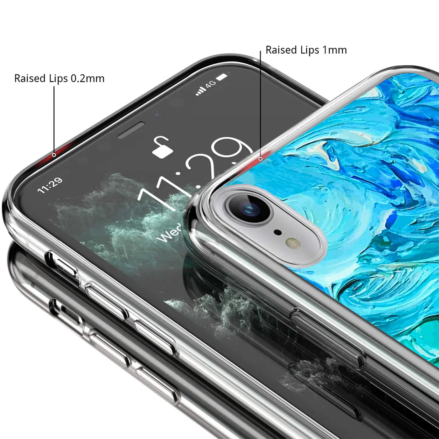 iPhone XR Hülle aus transparentem TPU mit blauem Motivdruck, Nahaufnahme von oben