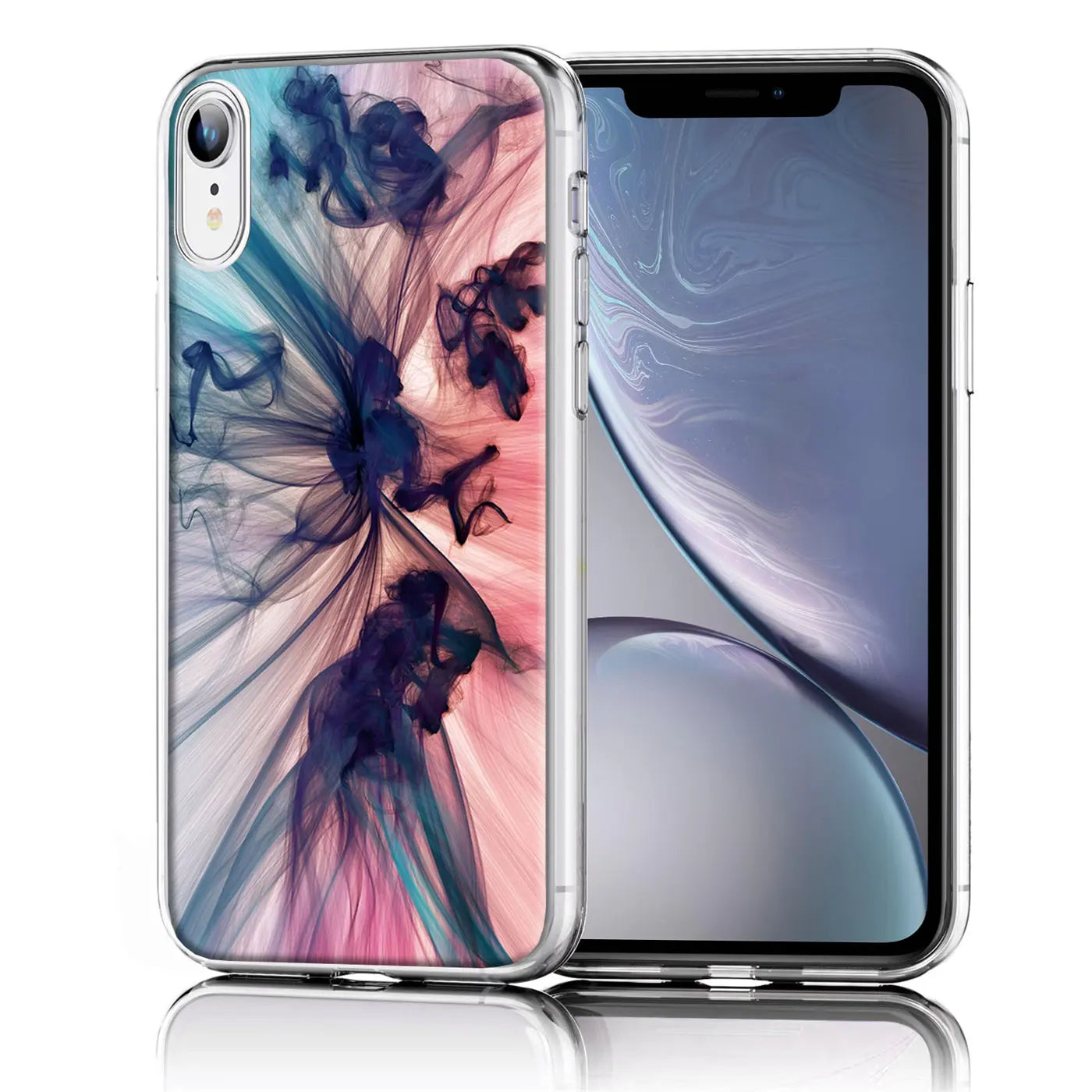 iPhone XR Hülle aus TPU mit blau-pinkem Rauchmotiv, von vorne gezeigt.