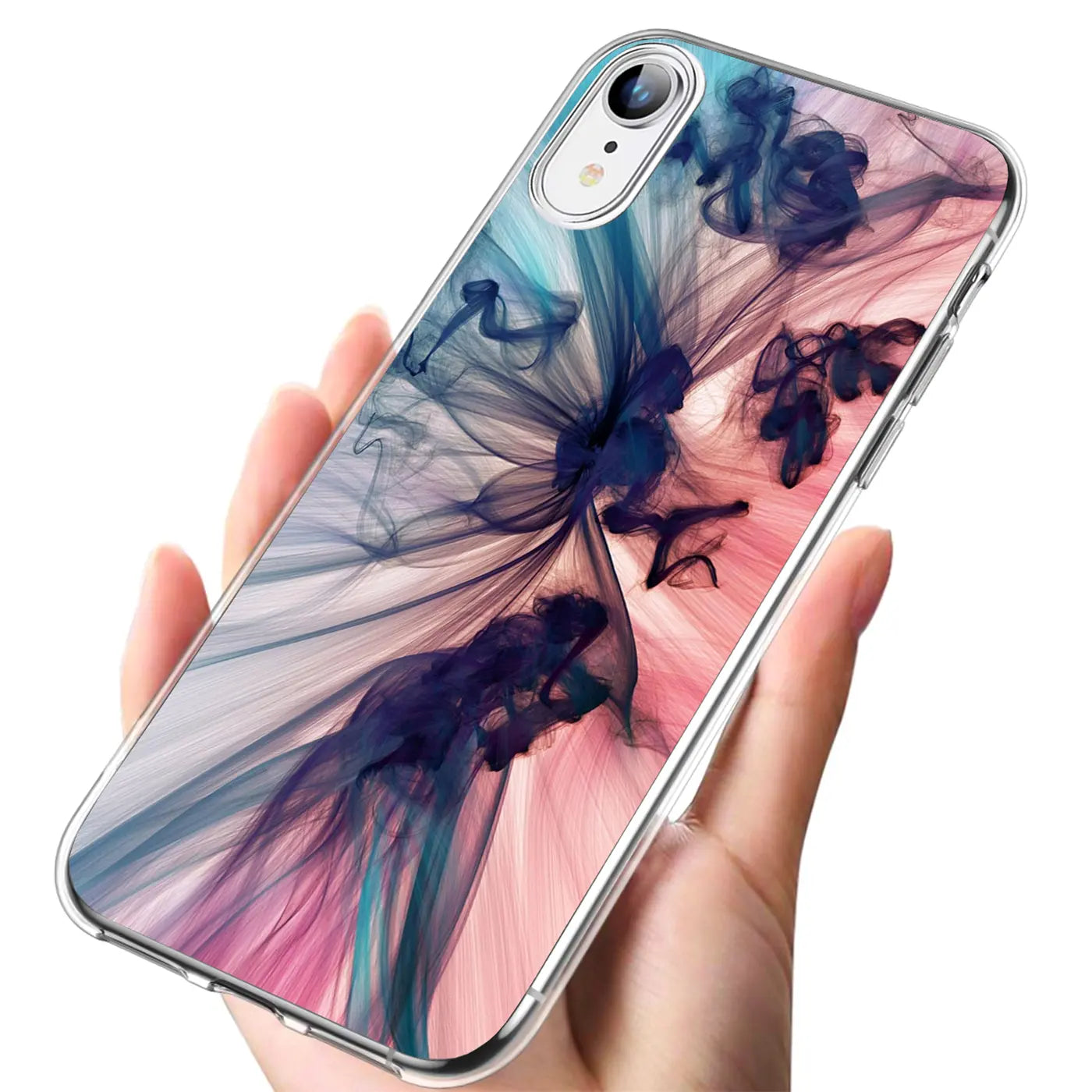 iPhone XR TPU-Hülle, blau/pink/lila Rauch-Motiv, von oben schräg gehalten