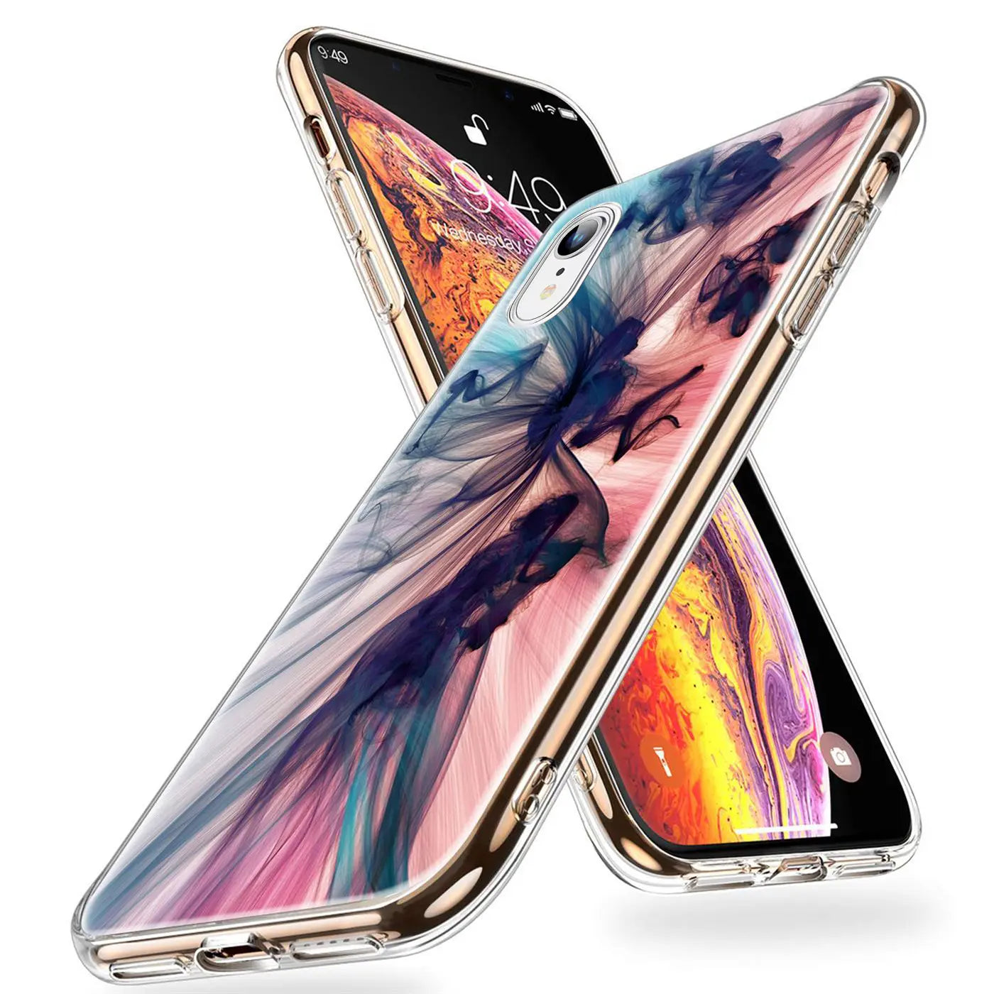 iPhone XR Hülle aus transparentem TPU mit abstraktem Motiv, von schräg oben