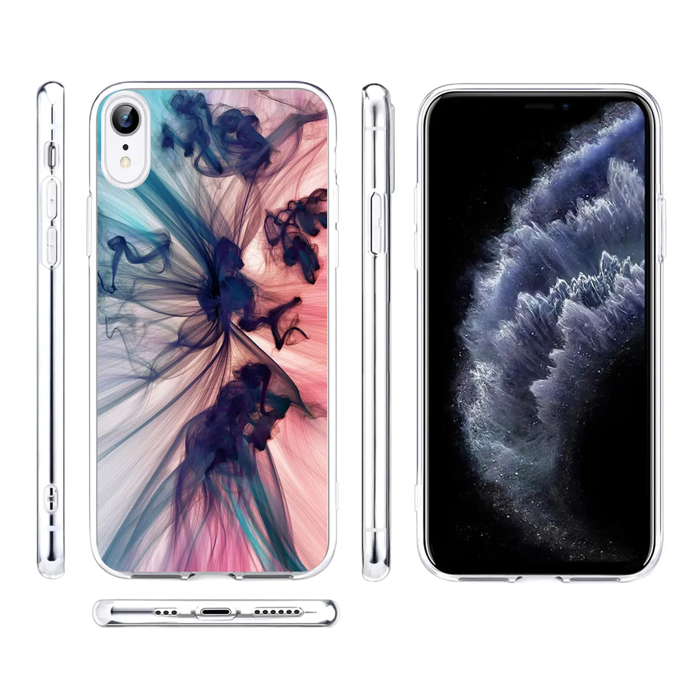 iPhone XR Hülle aus transparentem TPU mit abstraktem Rauch-Motiv, von vorne, Seite, Rückseite, Unterseite.