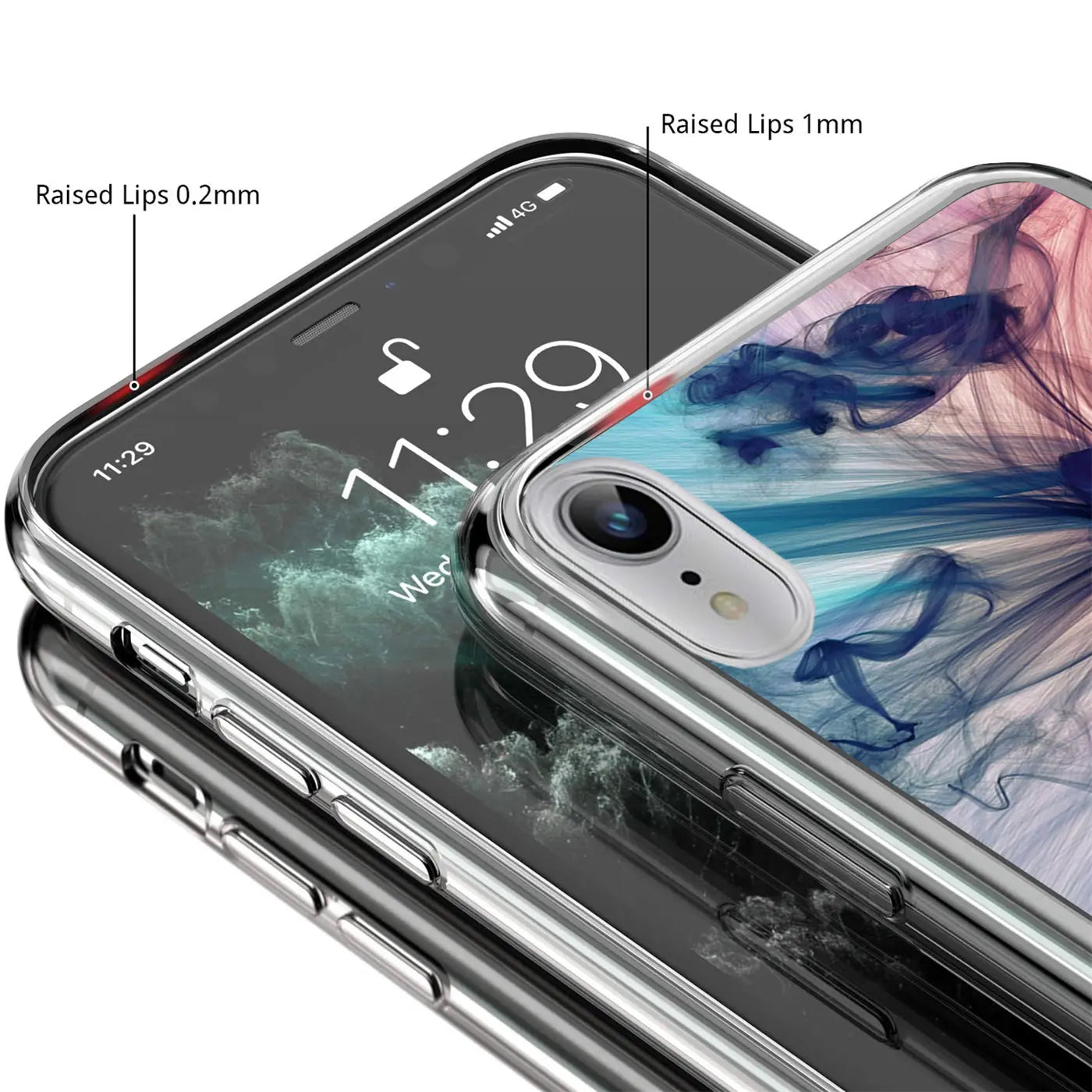 iPhone XR Hülle aus transparentem TPU mit Farbverlauf-Motiv, Nahaufnahme von oben.